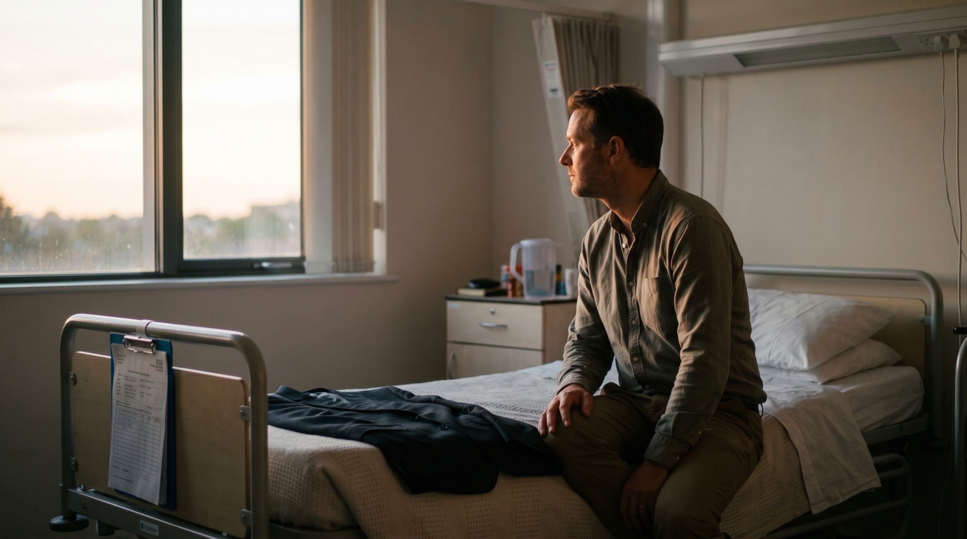 A founder in his mid-forties sitting on the edge of a hospital bed in evening light, looking out the window, the moment of quiet recognition.