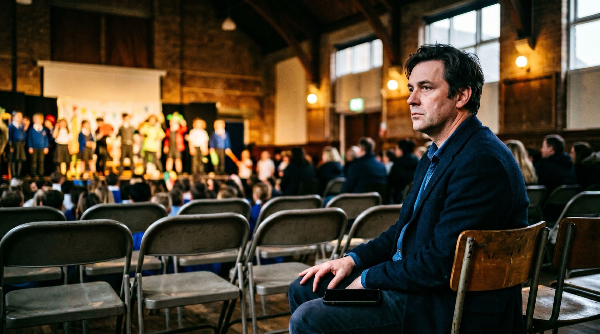 A founder seated at the back of a primary school hall during a play, jacket still on, phone upside down on his lap, half-turned toward the stage.