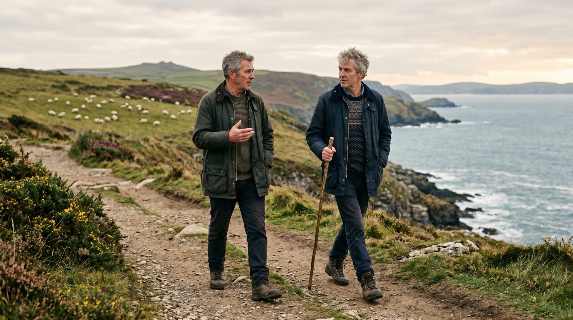 Two founders in their fifties walking along a British coastal path on a Saturday morning, wax jackets, mid-conversation, the sea visible at the edge of frame.