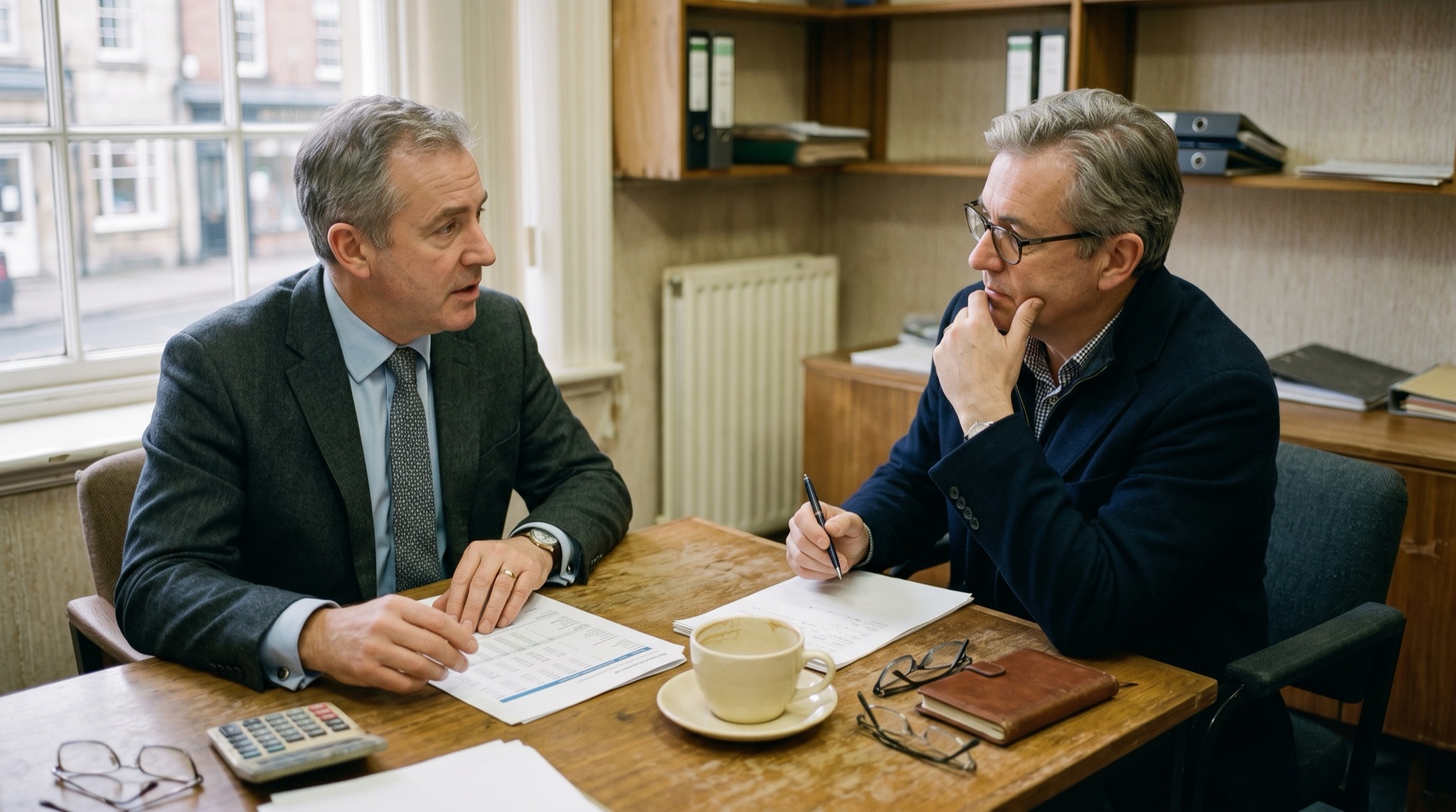 A founder seated across a desk from a banker in a small high-street office, both in their fifties, mid-conversation, a printed page between them.