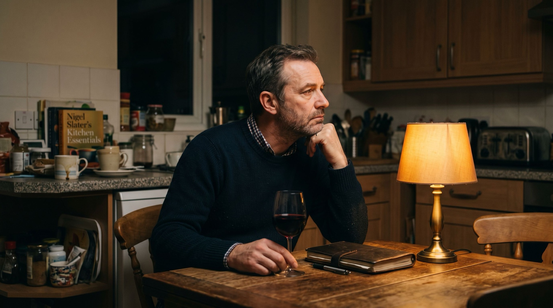 A founder in his mid-forties alone at a kitchen table on a weekday evening, glass of red wine and a closed notebook, single lamp, looking at the back wall.