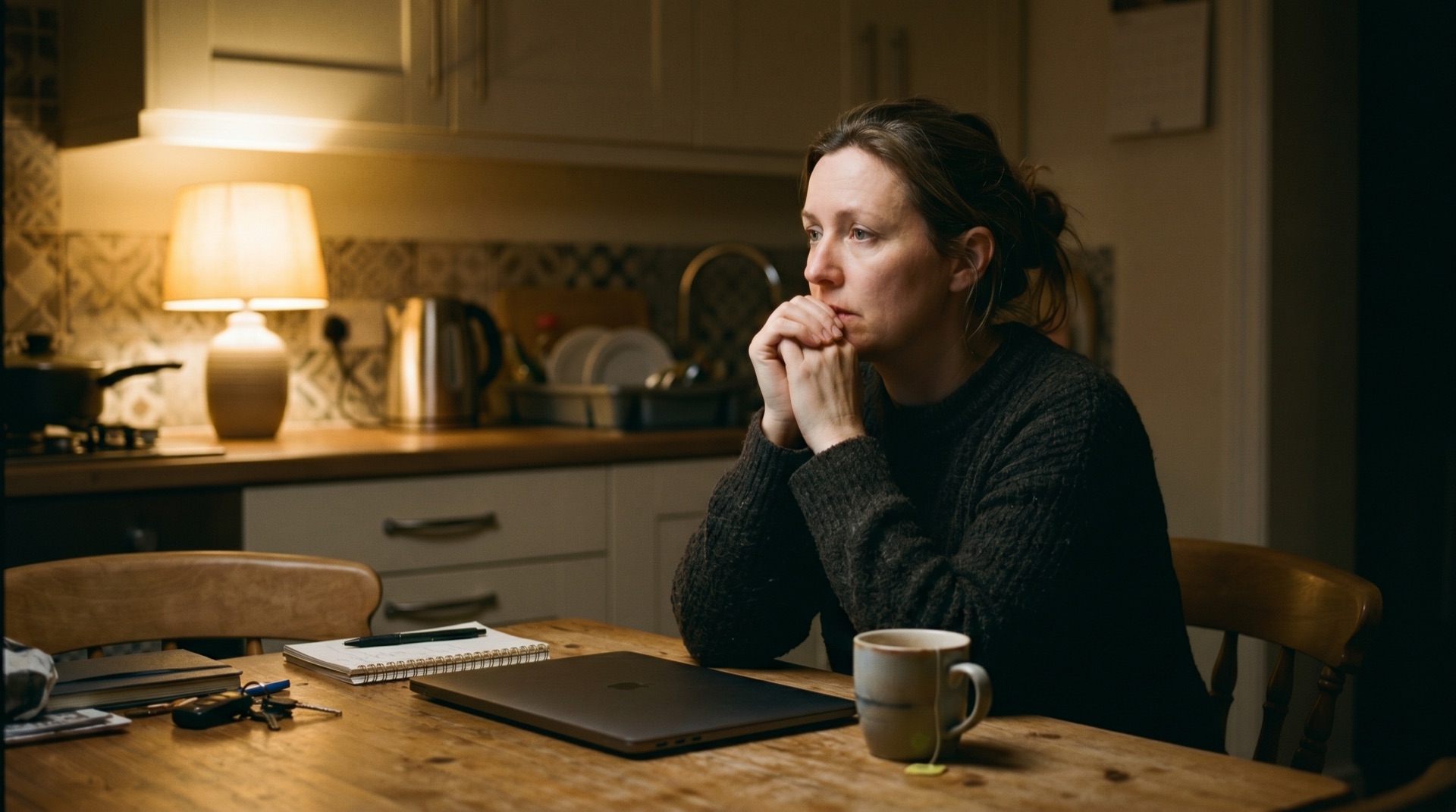 A partner sitting alone at a kitchen table at night in soft lamp light, a closed laptop and a mug of tea, looking thoughtfully into the middle distance