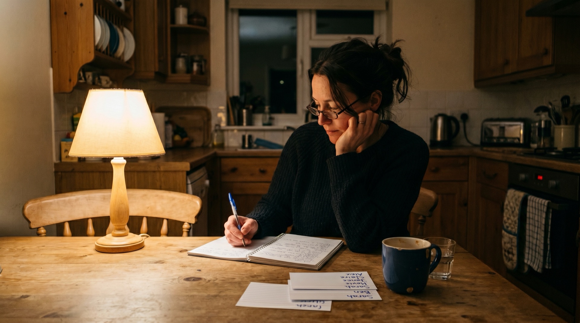 A partner at a kitchen table at night with a notebook, pen and a few index cards in front of them, in soft warm lamp light
