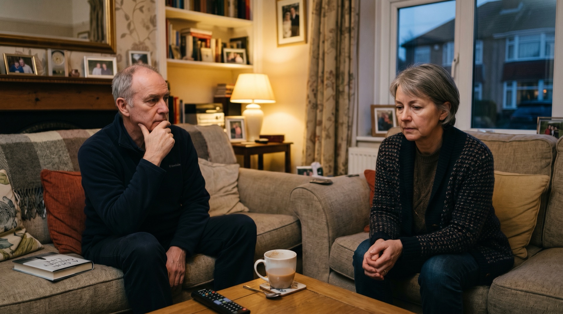 Two people sitting at opposite ends of a sofa in a softly-lit British living room in the evening, both looking thoughtfully into the middle distance