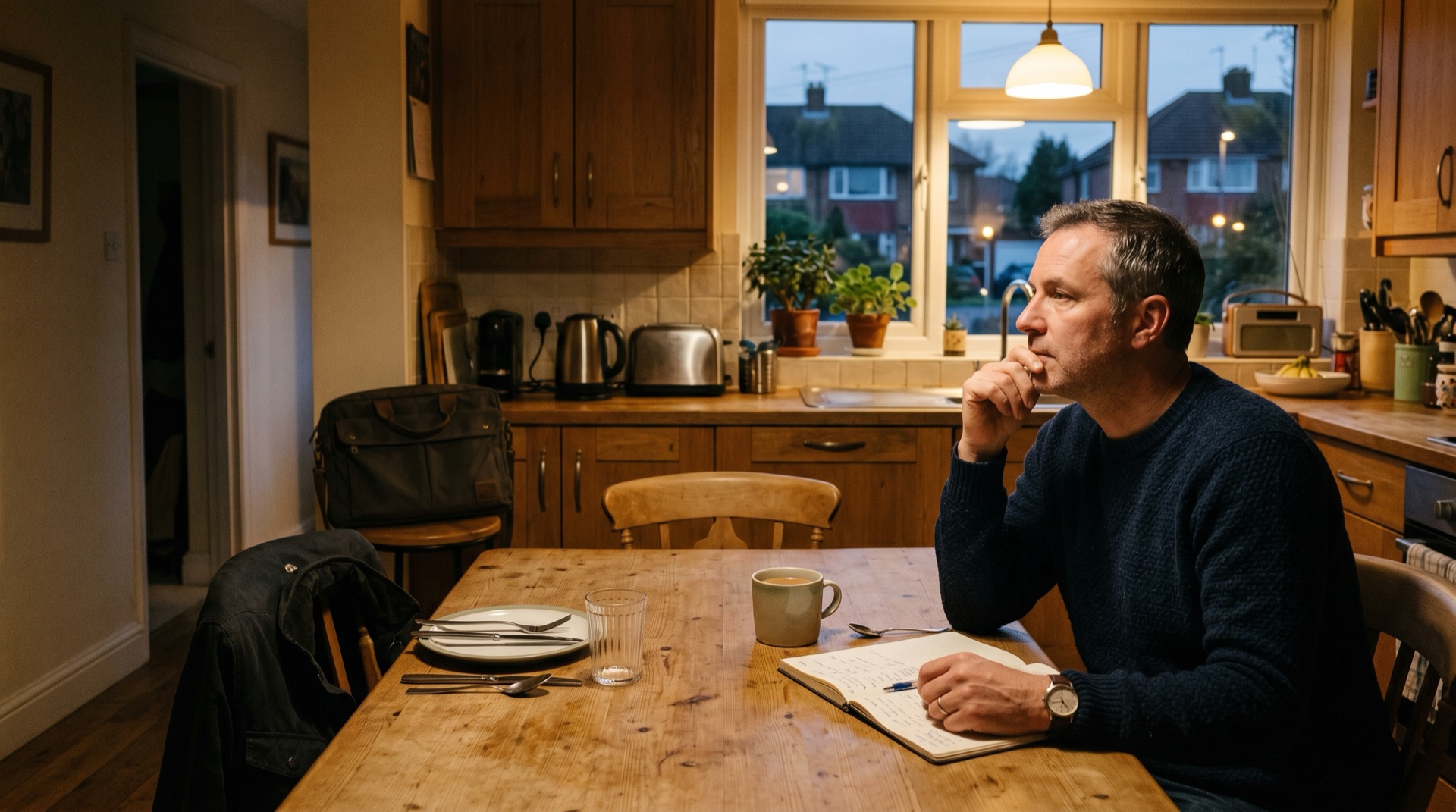 A man at a British kitchen table in early evening golden light, looking thoughtfully out of the window with a notebook open beside him