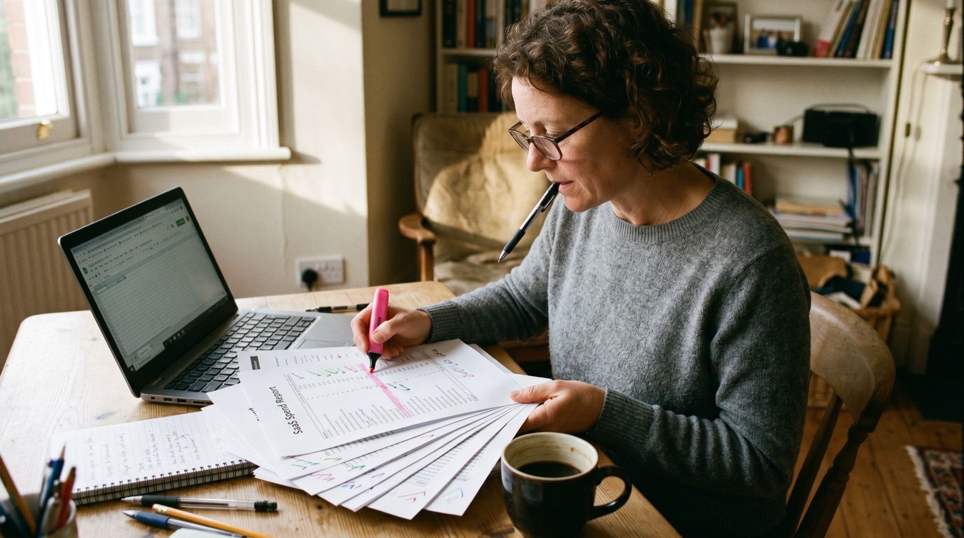 A founder at a desk with a printed SaaS spend report, highlighting subscriptions with a marker, mug and laptop pushed to one side