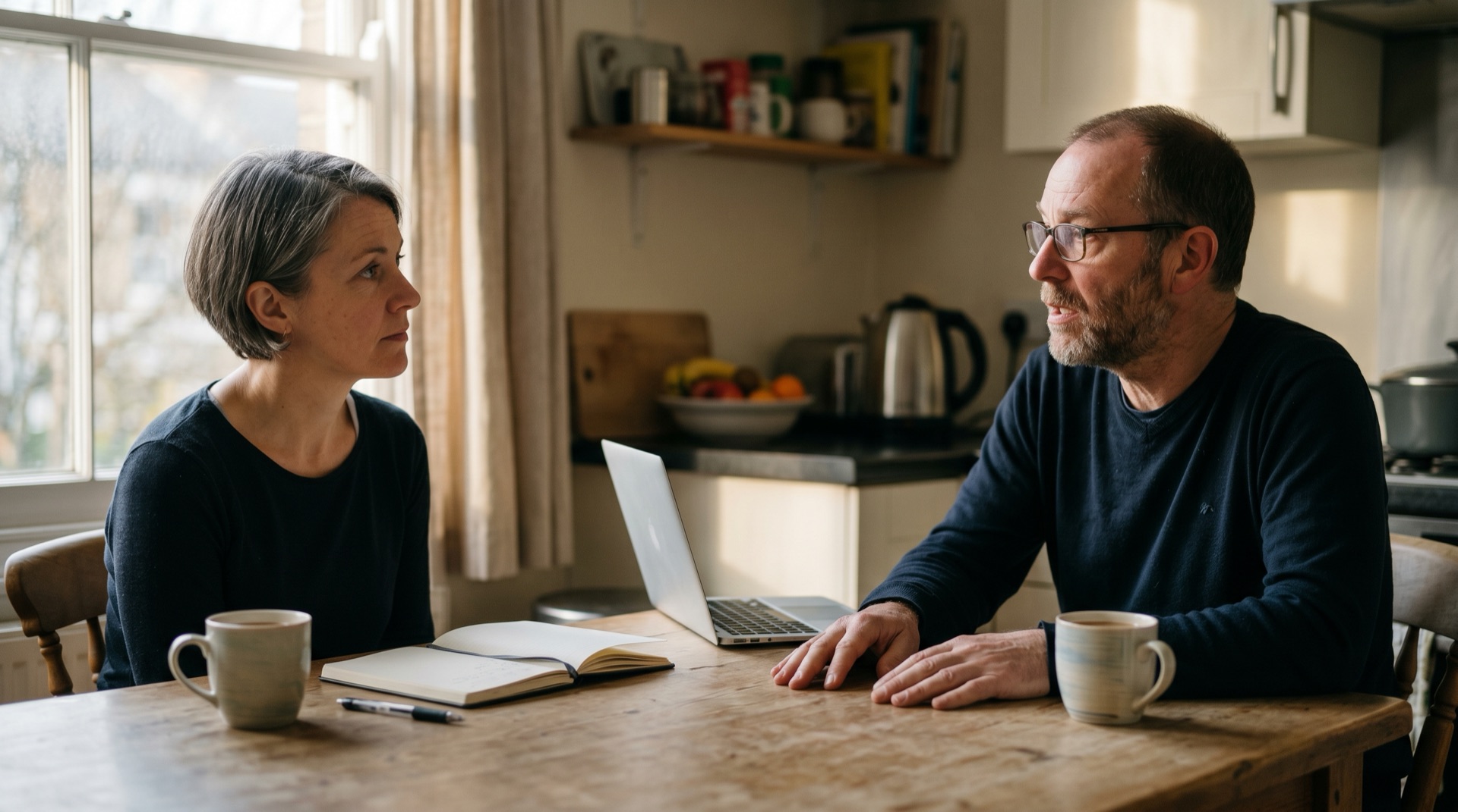 Two people across a kitchen table mid-conversation, one listening with a notebook open and pen down, the other speaking with hands resting on the table