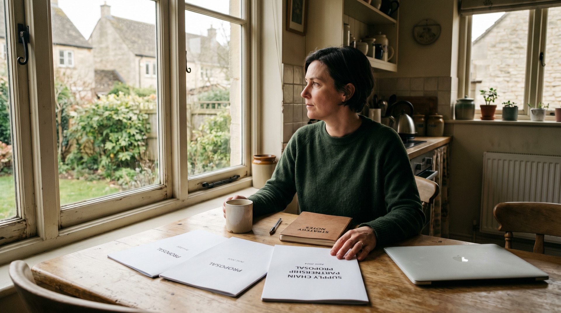 A founder at a kitchen table with three vendor proposals fanned out, hand resting on the closed cover of one of them, looking out the window with a considered expression