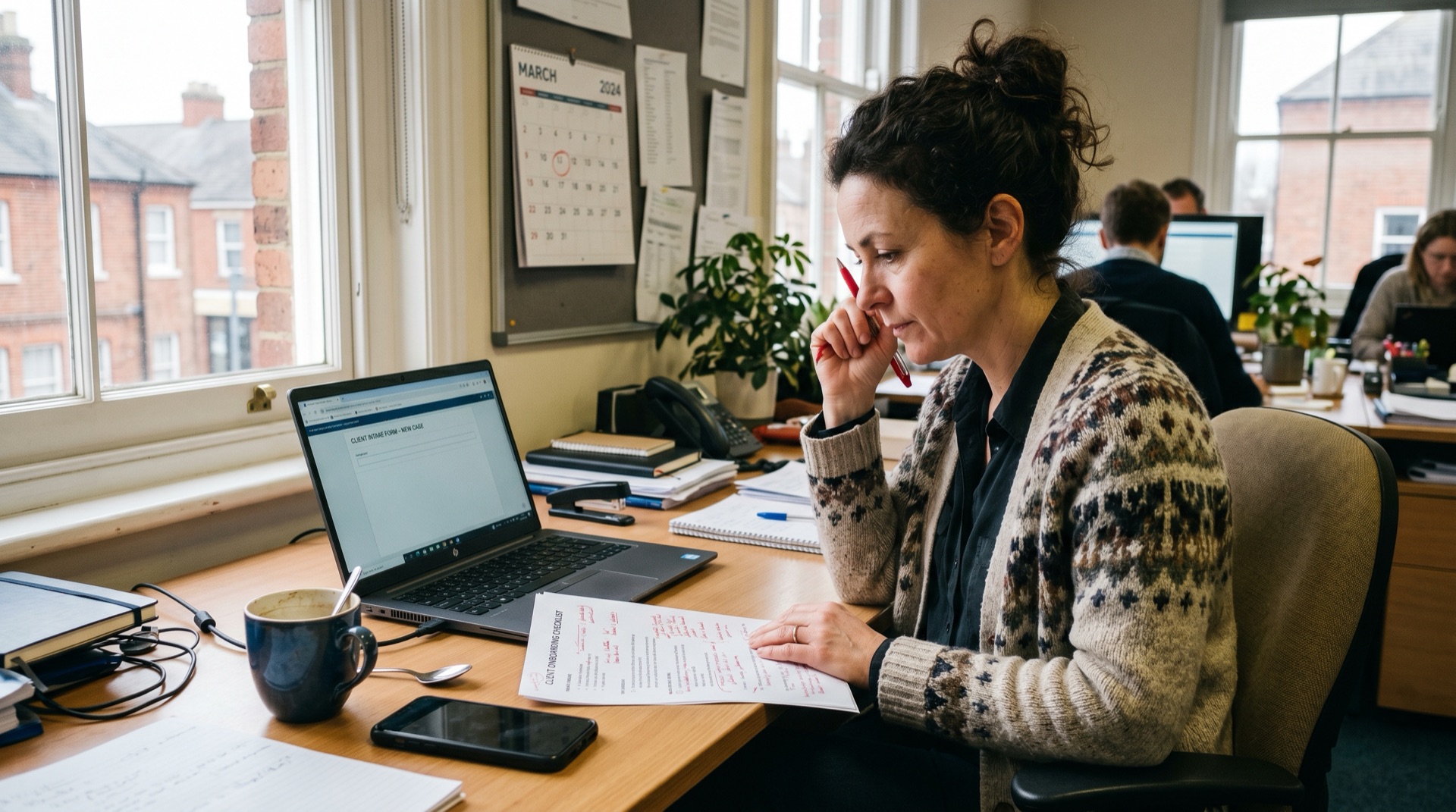 A practice manager at a desk with a printed onboarding checklist marked up with red pen and a laptop open beside a mug