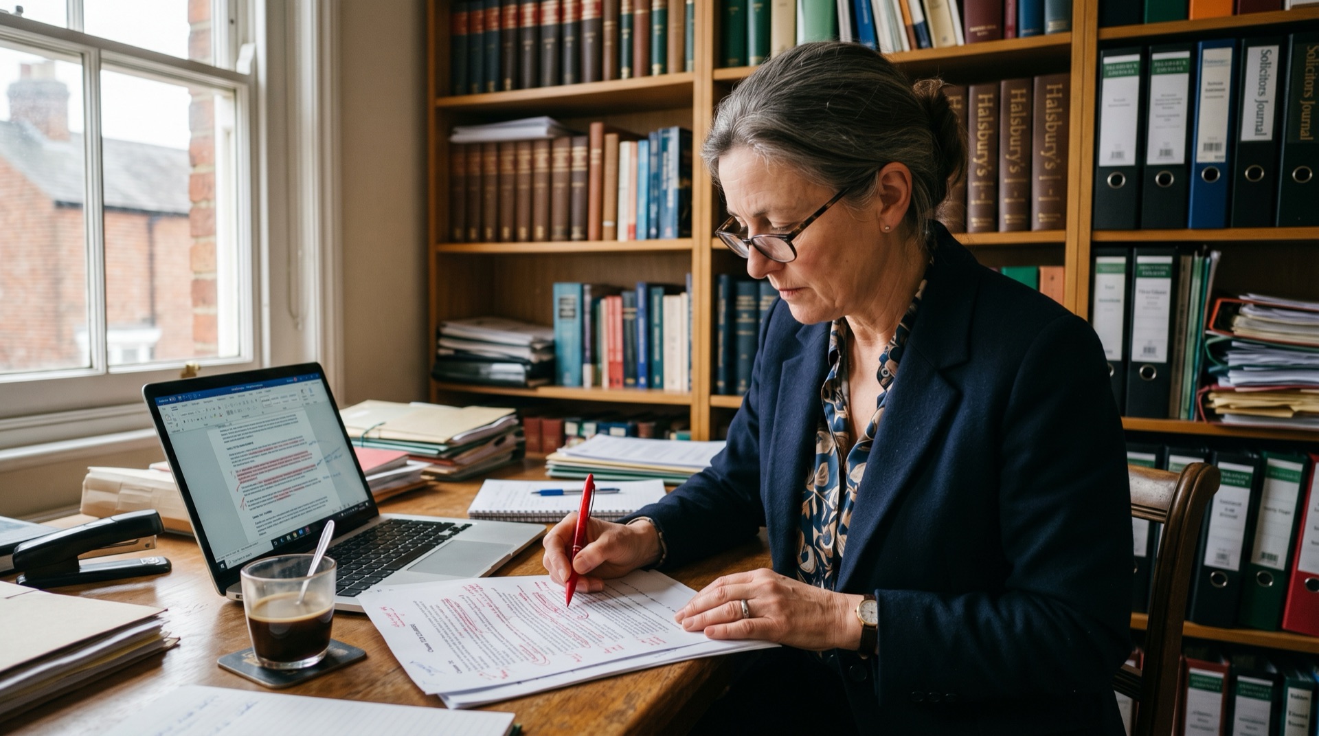 A senior solicitor reviewing a printed contract marked up in red pen with a laptop open beside it