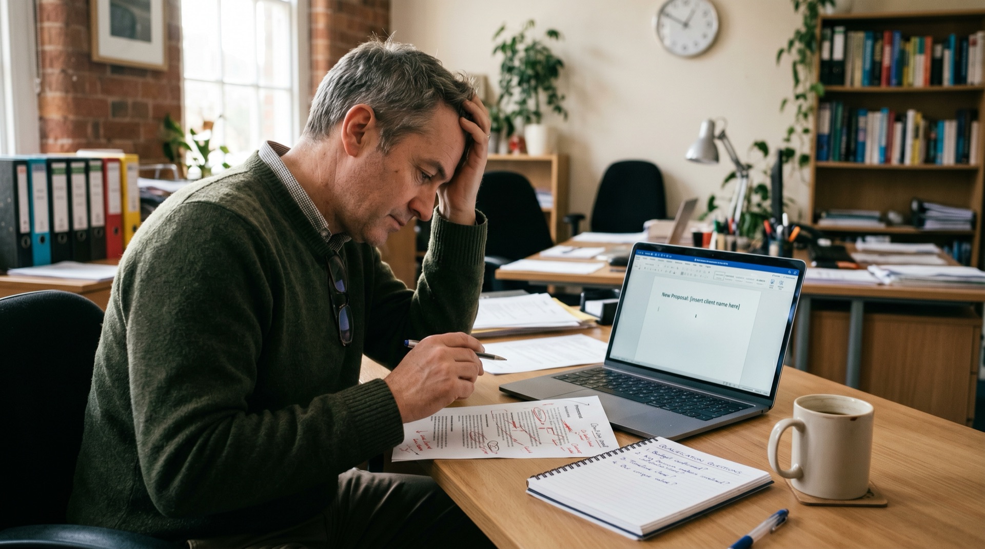 A sales lead at a desk with a printed proposal marked up in pen and a laptop showing an empty new-proposal screen
