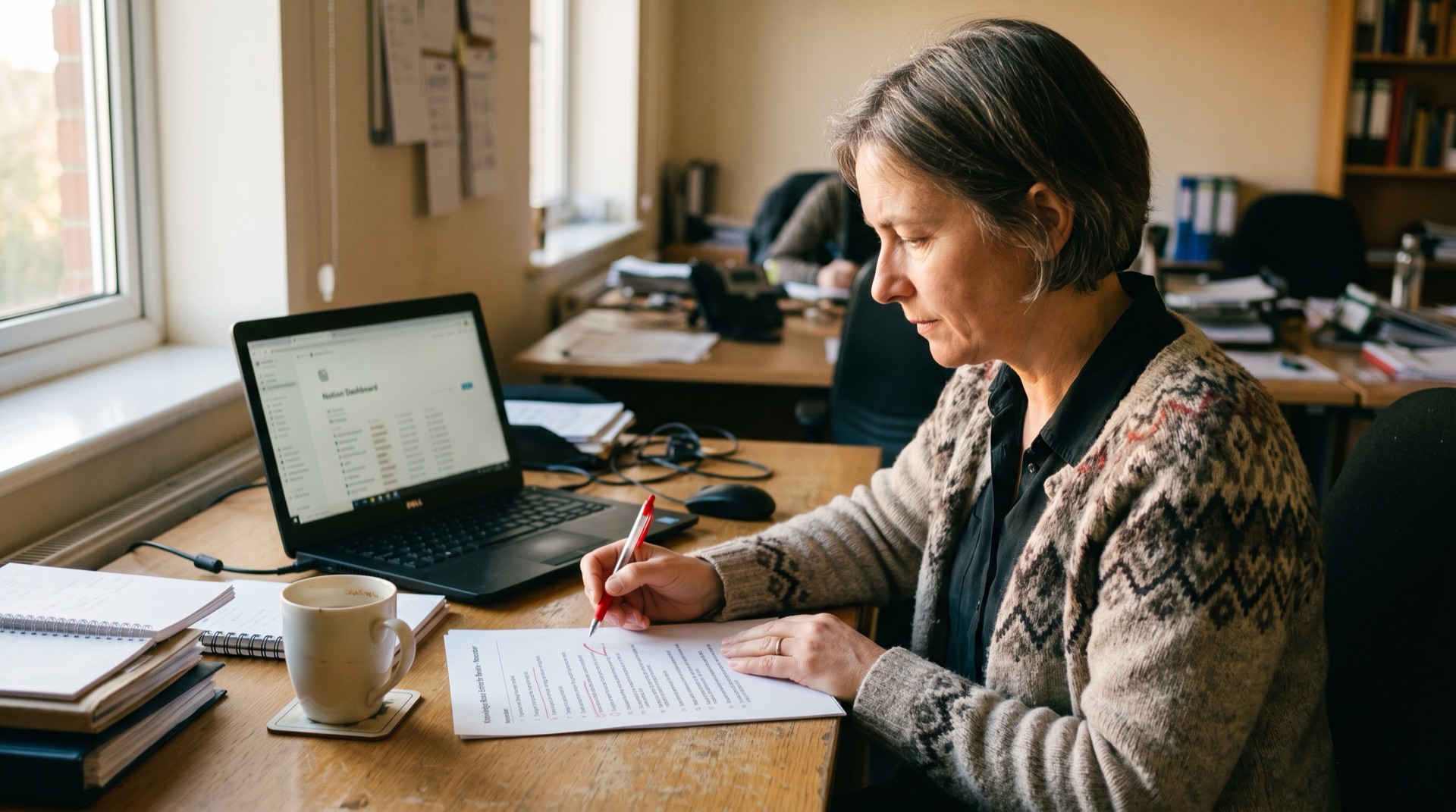 A senior practice manager at a desk reviewing a printed list with a red pen and a laptop showing a Notion page open