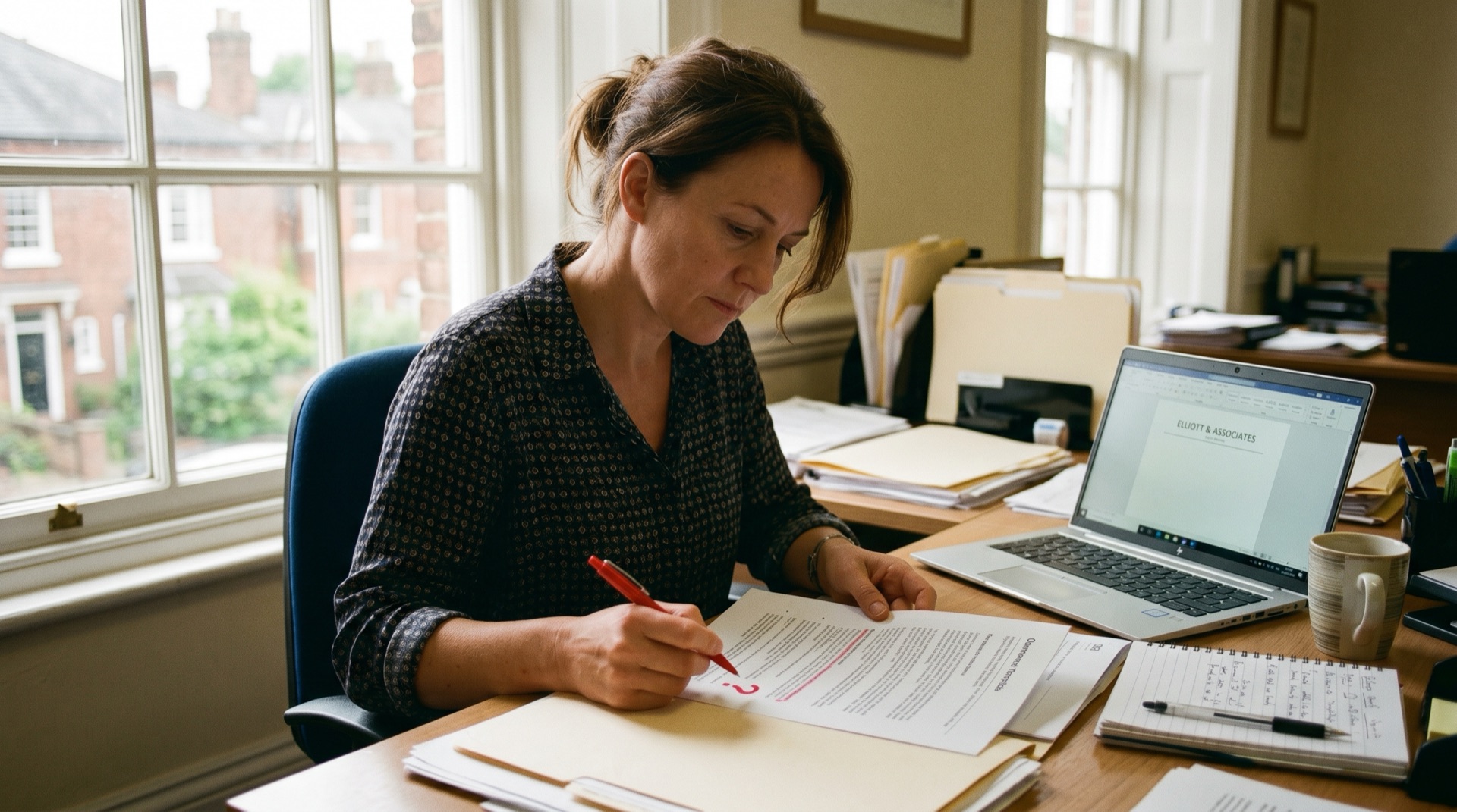 An operations lead at a desk marking up a printed template with a red pen, a laptop open beside her with a blank document