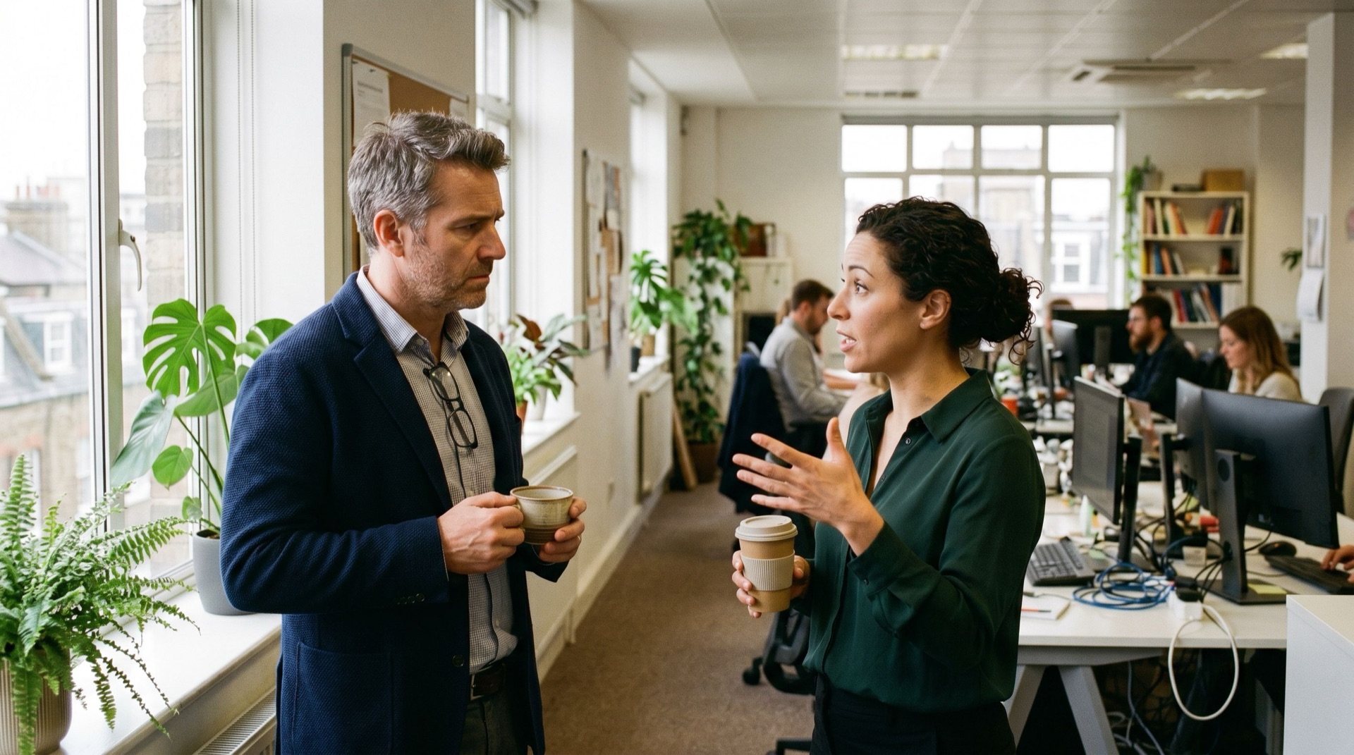An MD and a project manager talking in an office hallway, both holding coffee cups, an open-plan office visible behind them