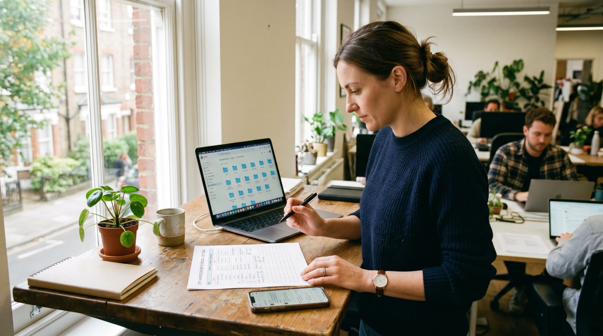 An operations lead at a standing desk with a printed reference table in front of her, a phone and a laptop nearby, a colleague visible in the background