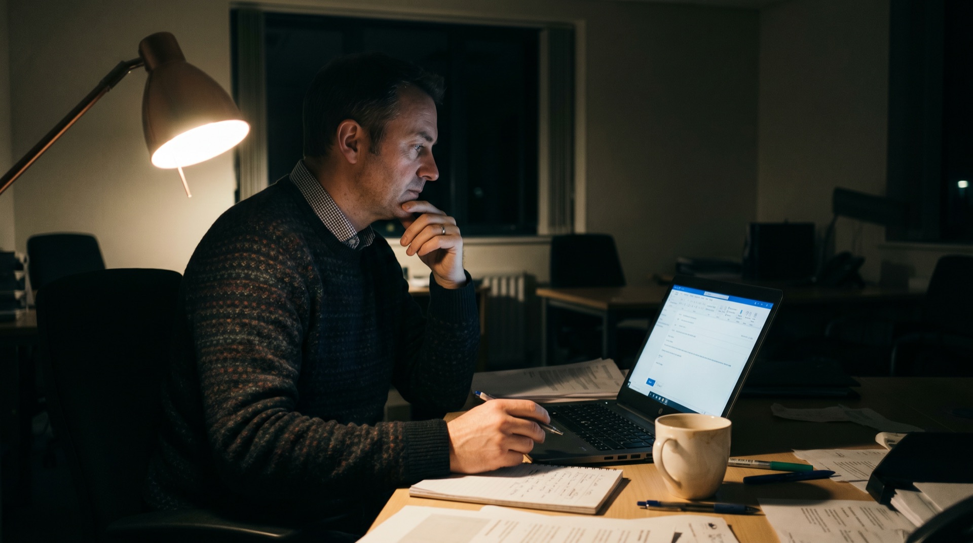 A founder at his desk in lamp light at night, looking thoughtfully at an email draft on his laptop, a cup of tea nearby
