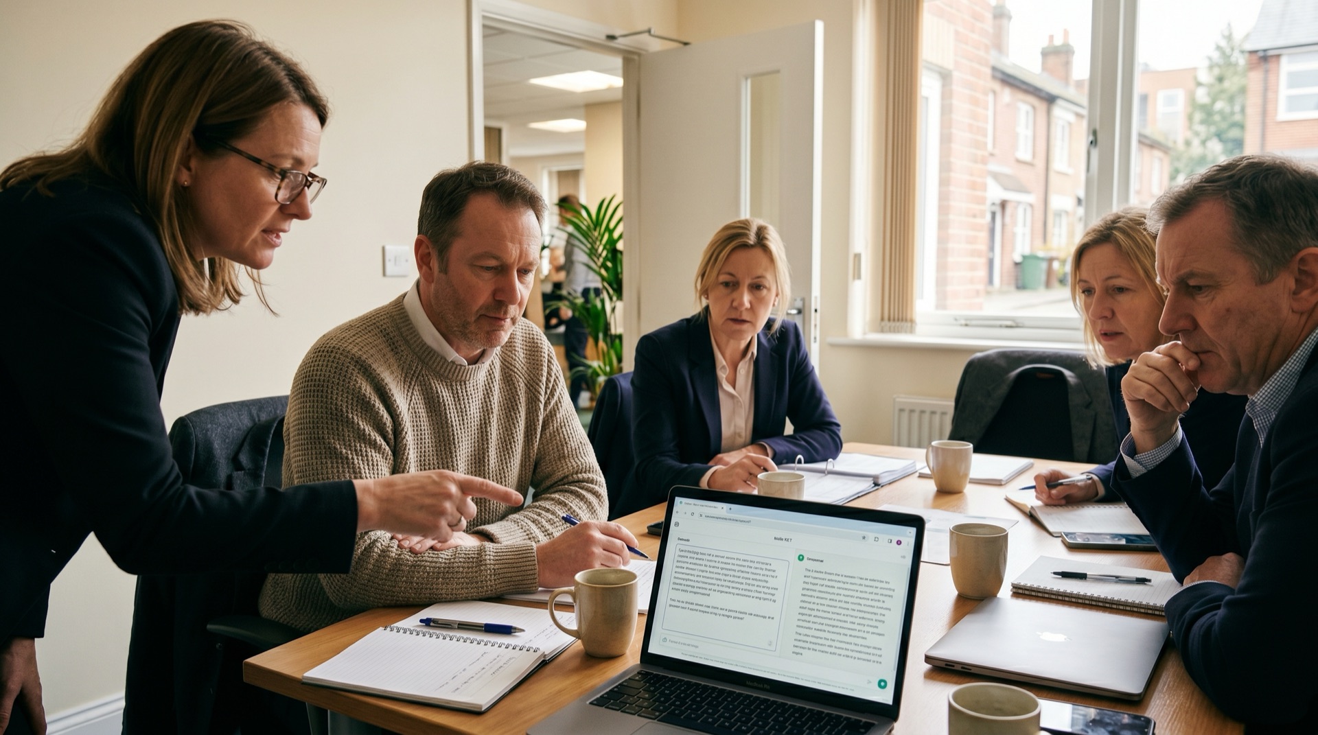 A founder at a leadership meeting, a colleague leaning in to look at a laptop screen, two other team members at the table, coffee mugs and papers visible