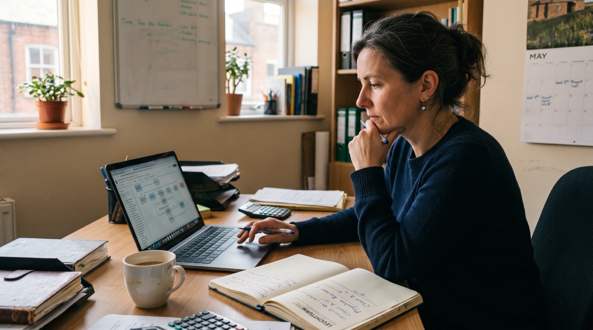 A founder at her desk, laptop open with a workflow diagram on screen, an open notebook with handwritten notes, hands paused over the keyboard mid-thought