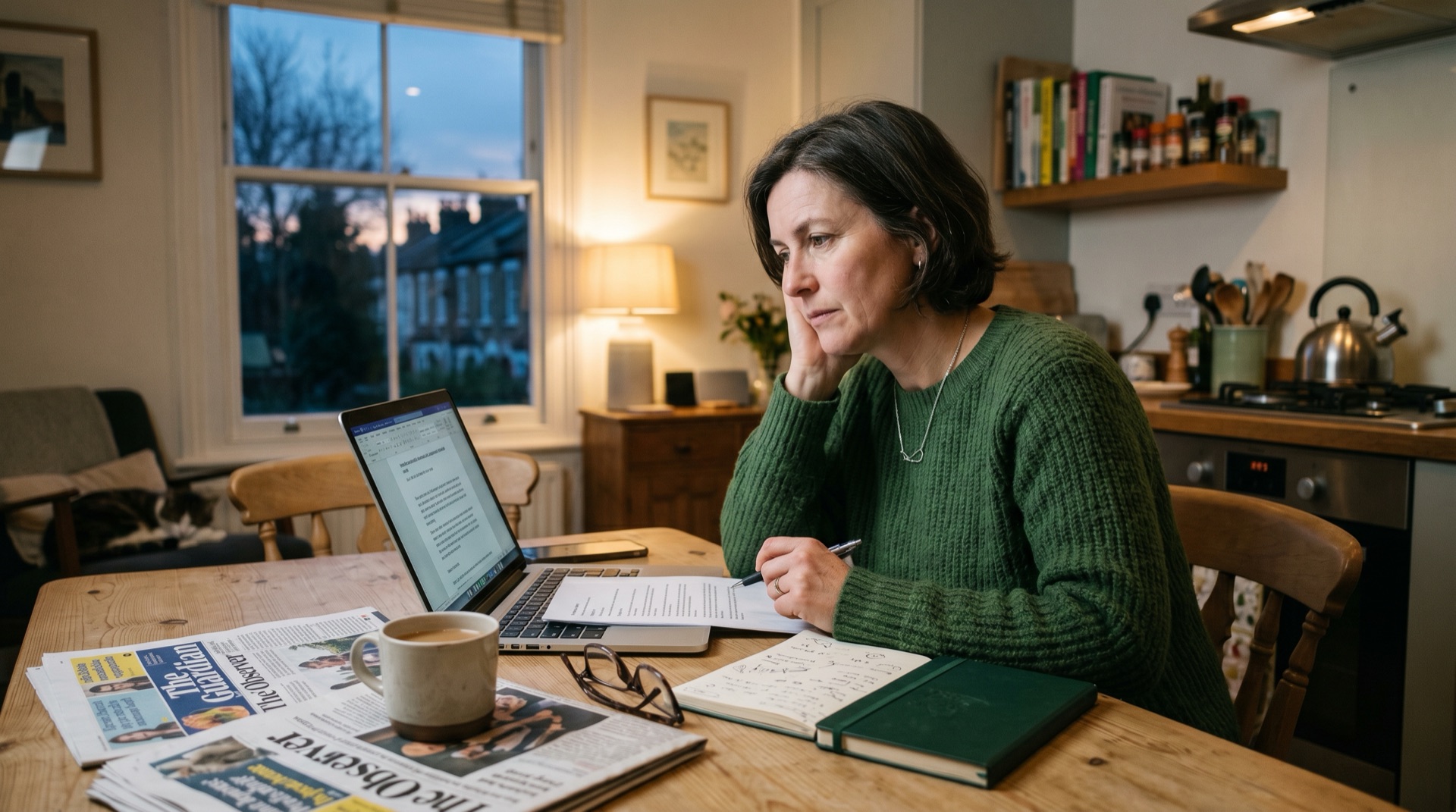 A founder at her kitchen table on a Sunday evening, laptop open with a document visible, a hand resting on a notebook, a mug of tea on the table