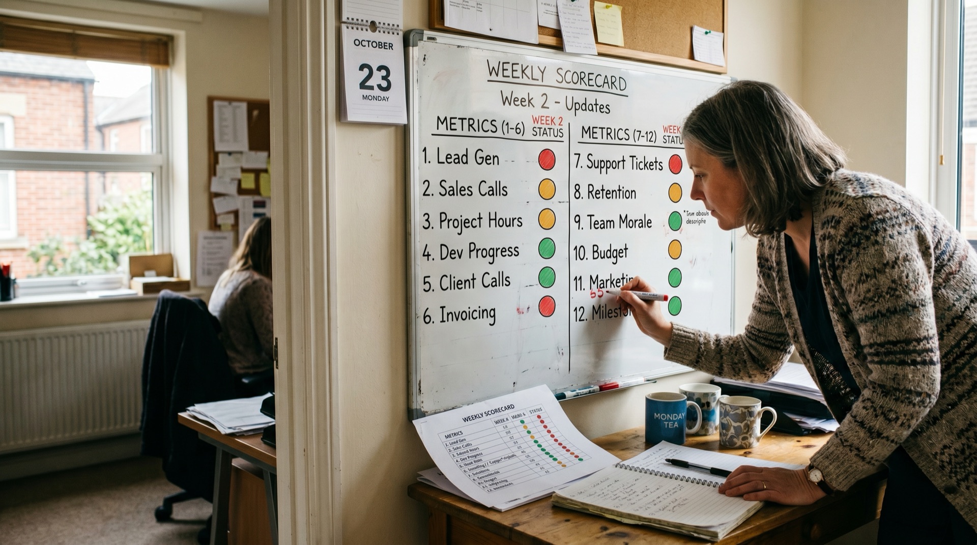 A whiteboard with a hand-drawn weekly scorecard showing twelve metrics with coloured status dots, a printed copy on the table below, an operational lead leaning in to update a number