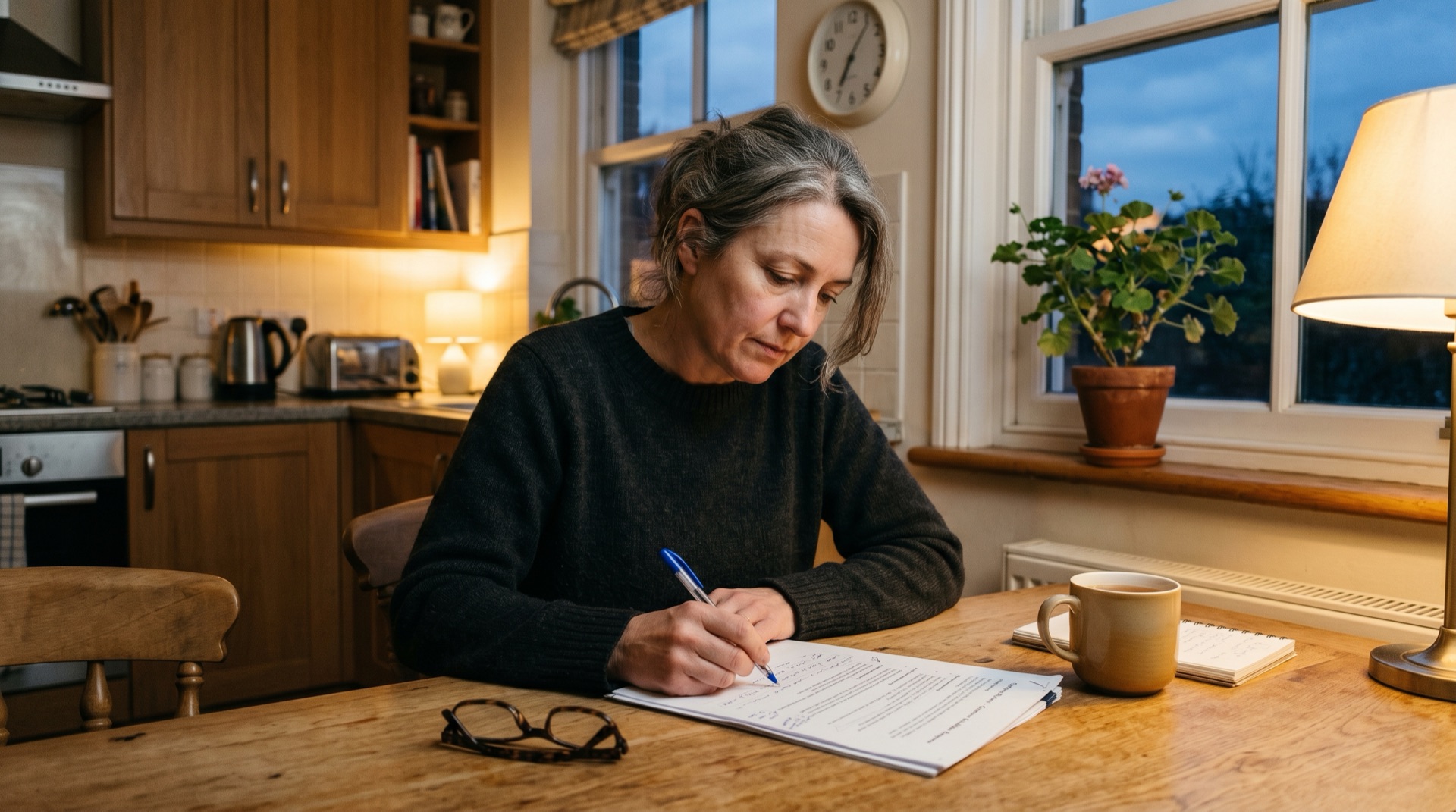 A founder at a kitchen table on a Sunday evening, reviewing a printout of customer escalation responses with a pen mid-mark, a cooling cup of tea, low warm lamp light
