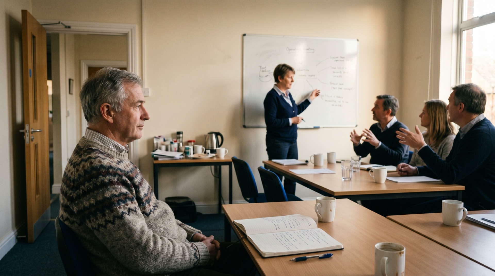 A founder seated quietly at the side of a meeting room while an operations director chairs at the whiteboard, the leadership team around the table mid-discussion