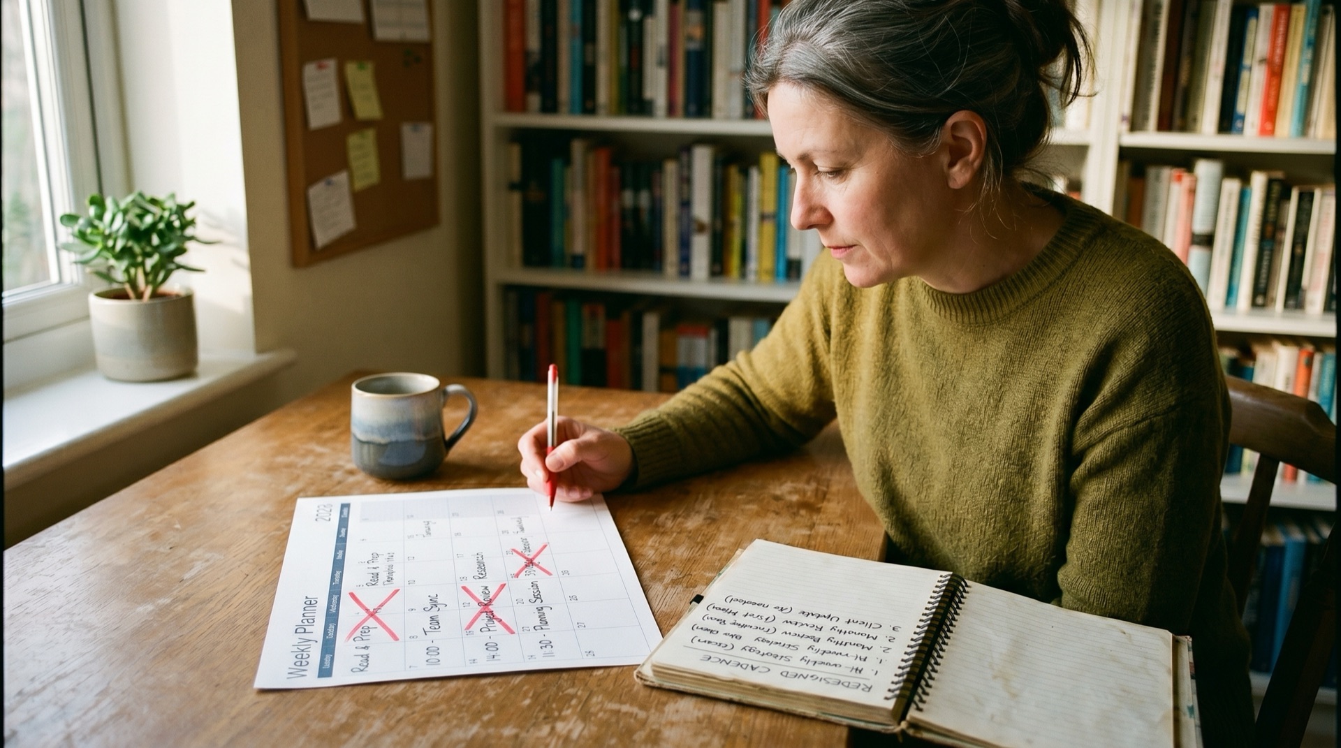 A printed week-view calendar on a desk with red pen marks crossing out recurring meetings, a notebook open with a redesigned cadence list, a mug, early-morning light