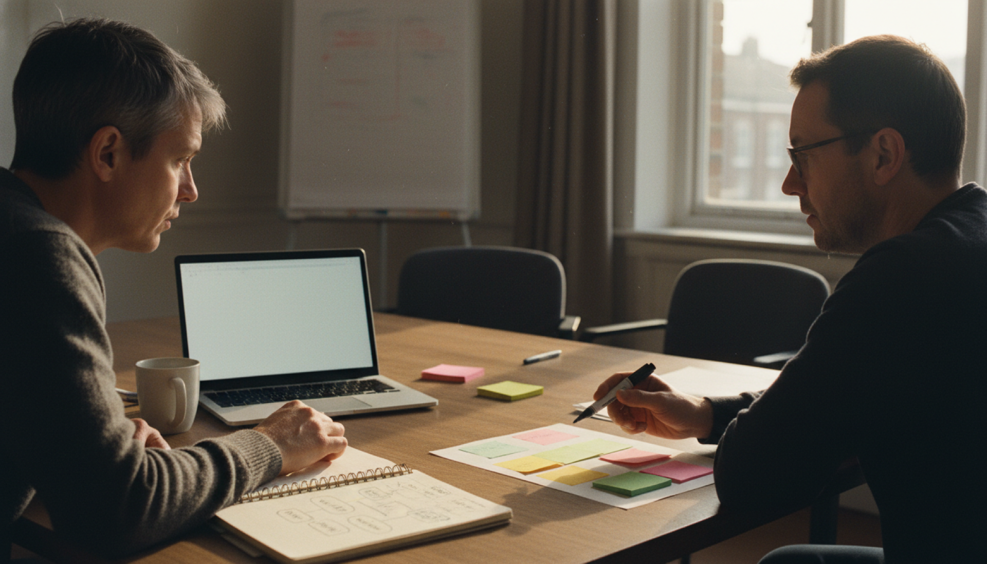 Two people in a meeting room with a laptop, notebook, and sticky notes, in mid-conversation