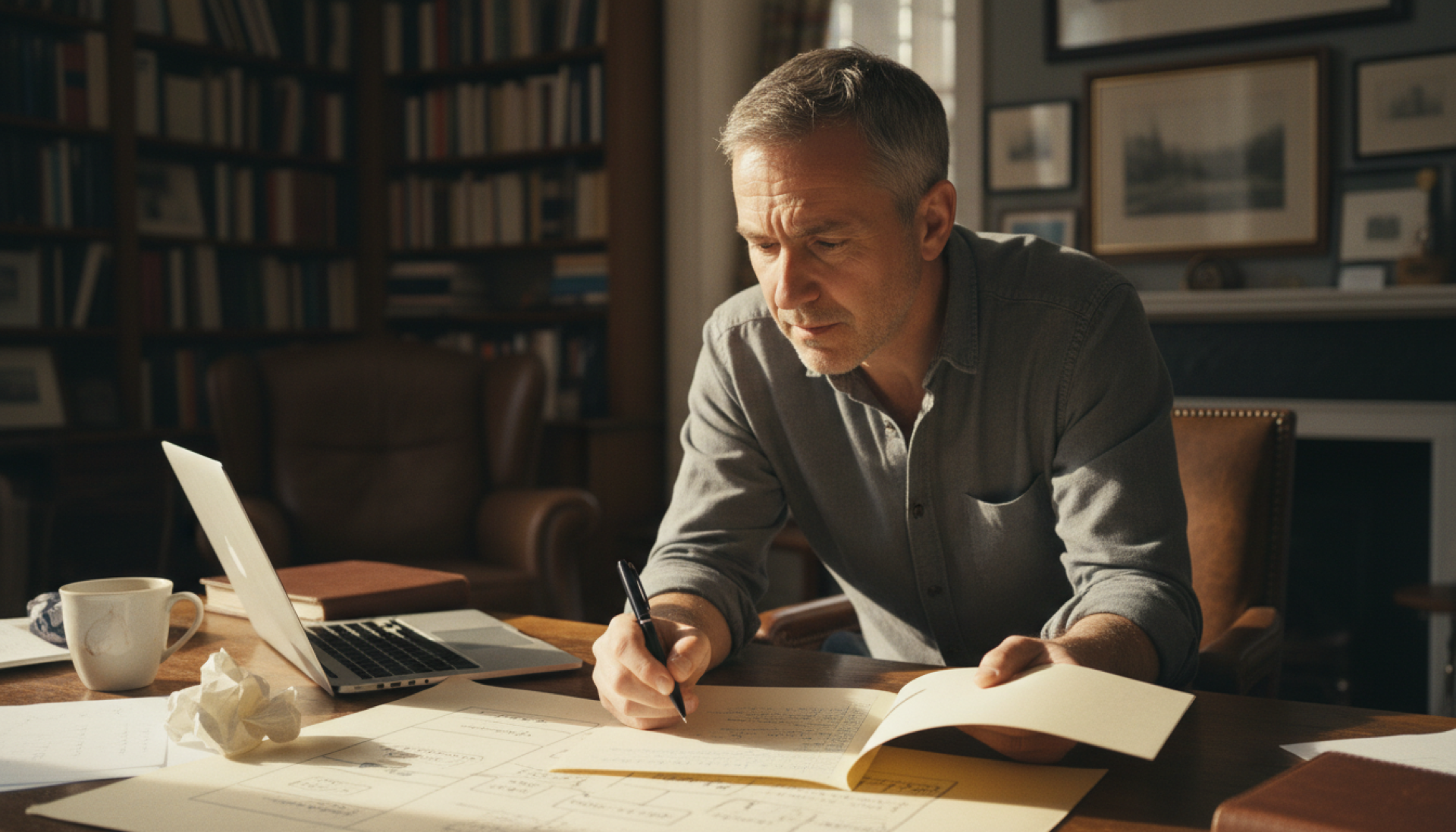A founder at a desk reviewing a printed proposal with a pen in hand, marking notes