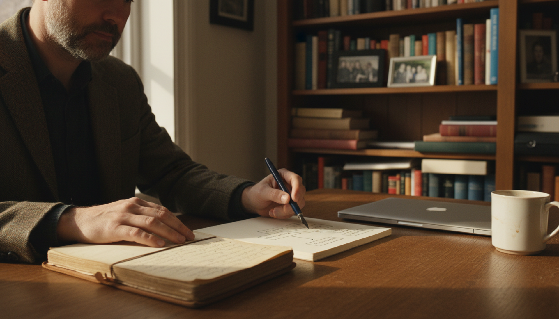 A founder at a desk with two open notebooks side by side, one older and one new, with a pen between them