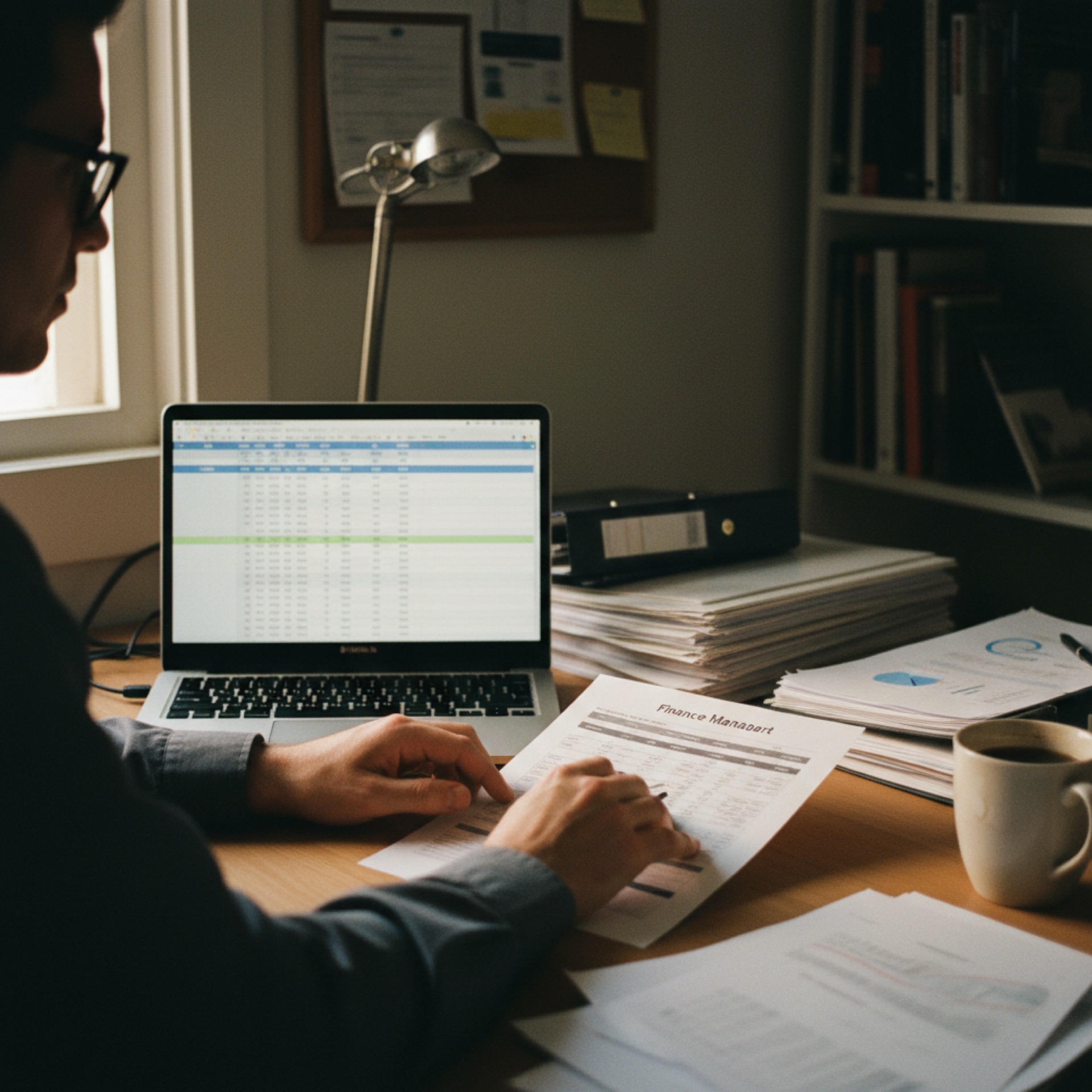 A finance manager at a desk with a printed one-page dashboard and laptop open to a spreadsheet in late afternoon light