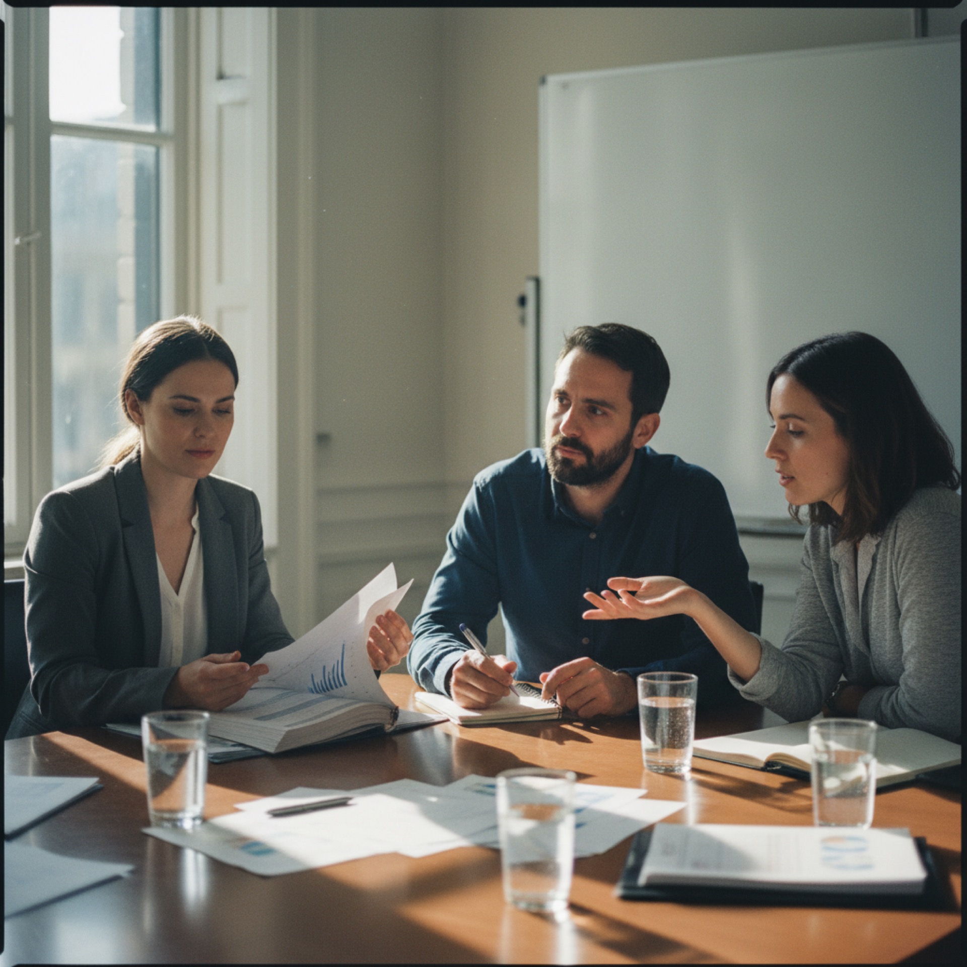 Three people around a meeting room table mid-discussion with printed reports and notebooks in afternoon light