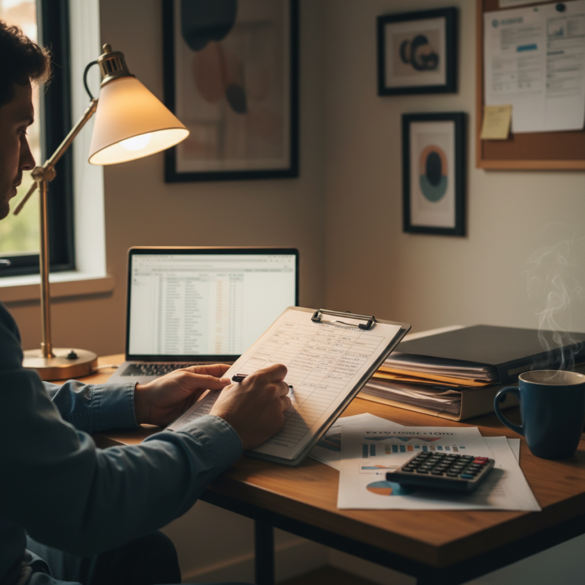 A finance manager at a desk with a clipboard time-log and laptop in late afternoon light
