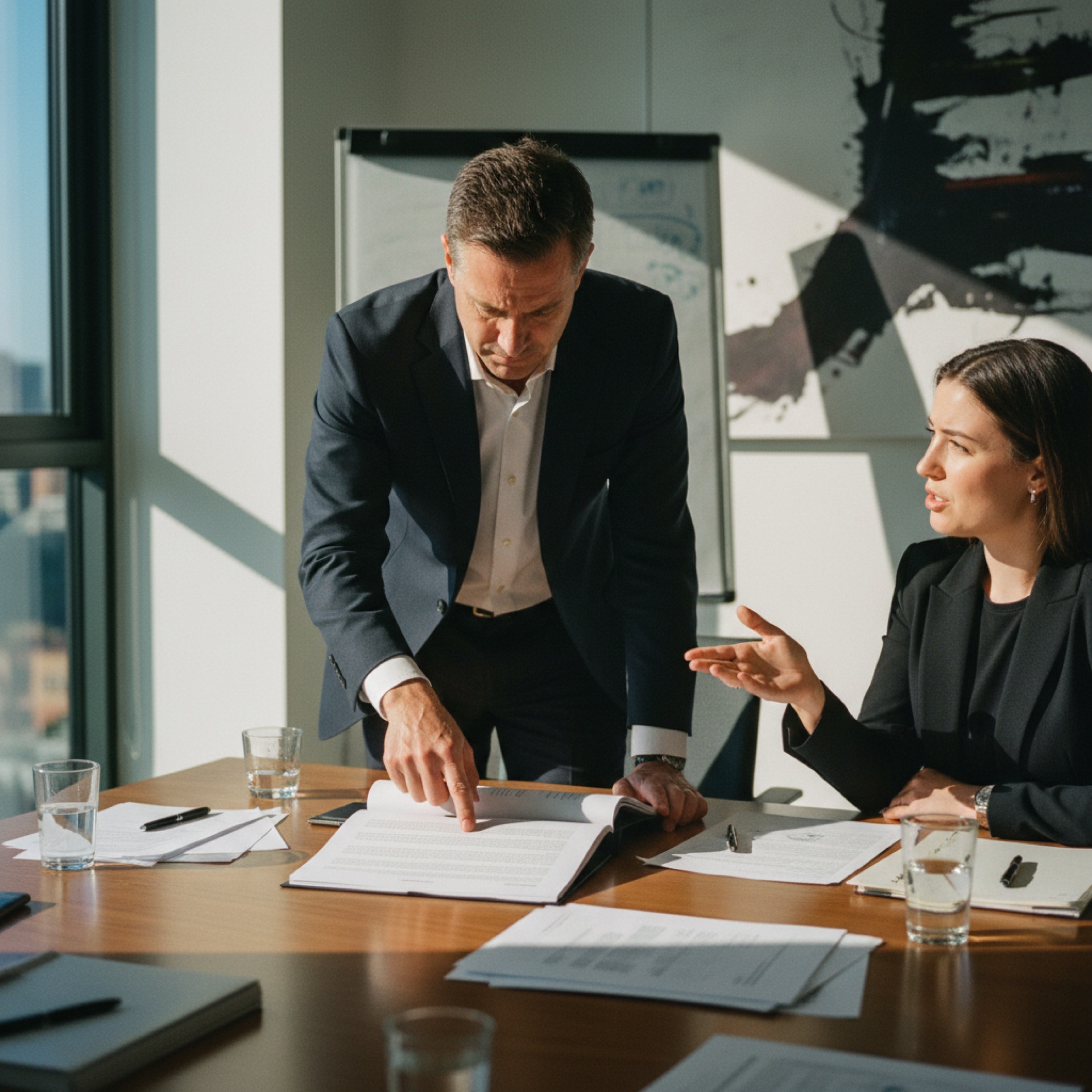 A managing partner reviewing a printed case-study deck across a meeting room table with another person mid-conversation