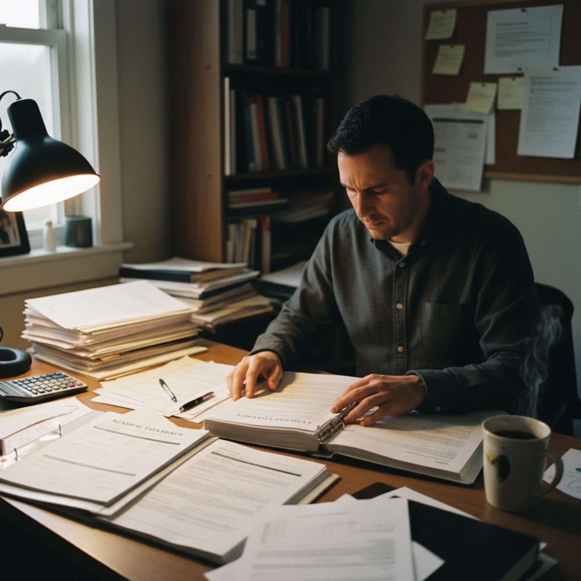 A founder at a desk reviewing a quarterly report and renewal contract in late afternoon light, hand resting on the page