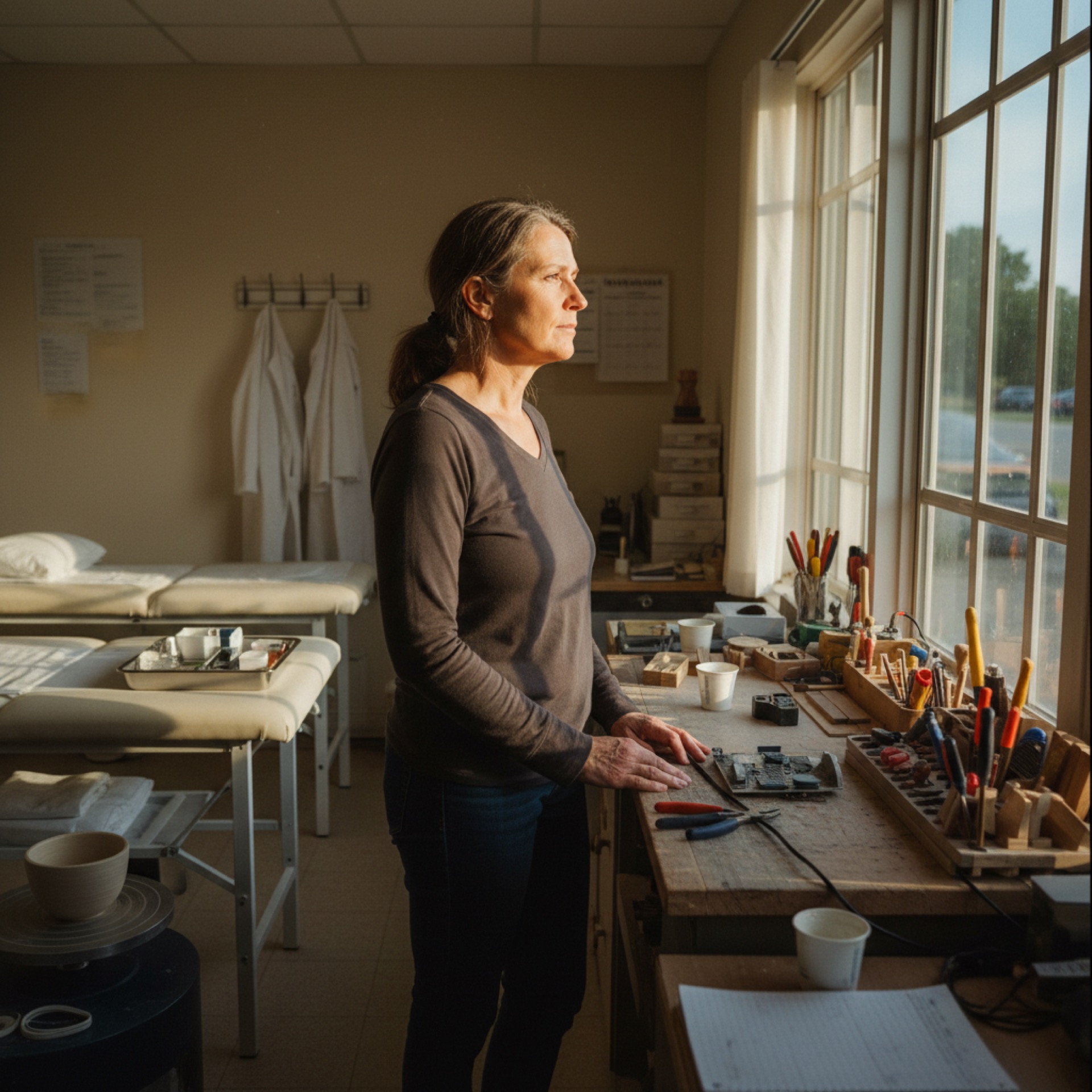 A woman standing at a window of a small workshop or clinic in late-afternoon light, hands resting on the windowsill, looking thoughtfully outside