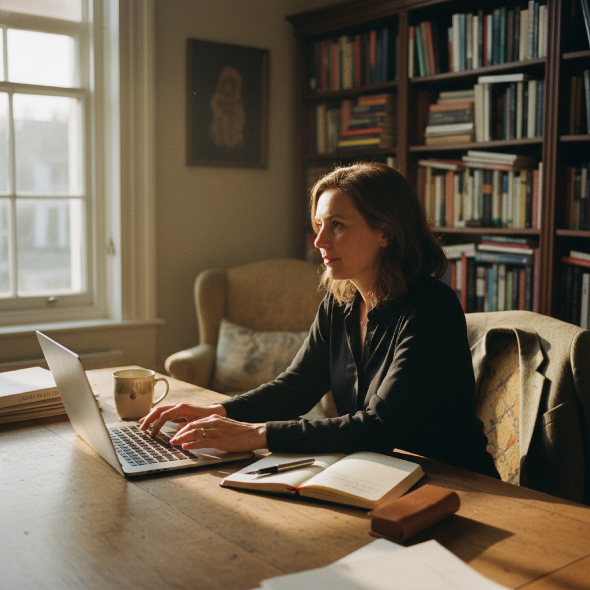 A woman at a desk in a study in late-afternoon golden light, looking at a laptop with her hands paused over the keyboard, a notebook open beside her