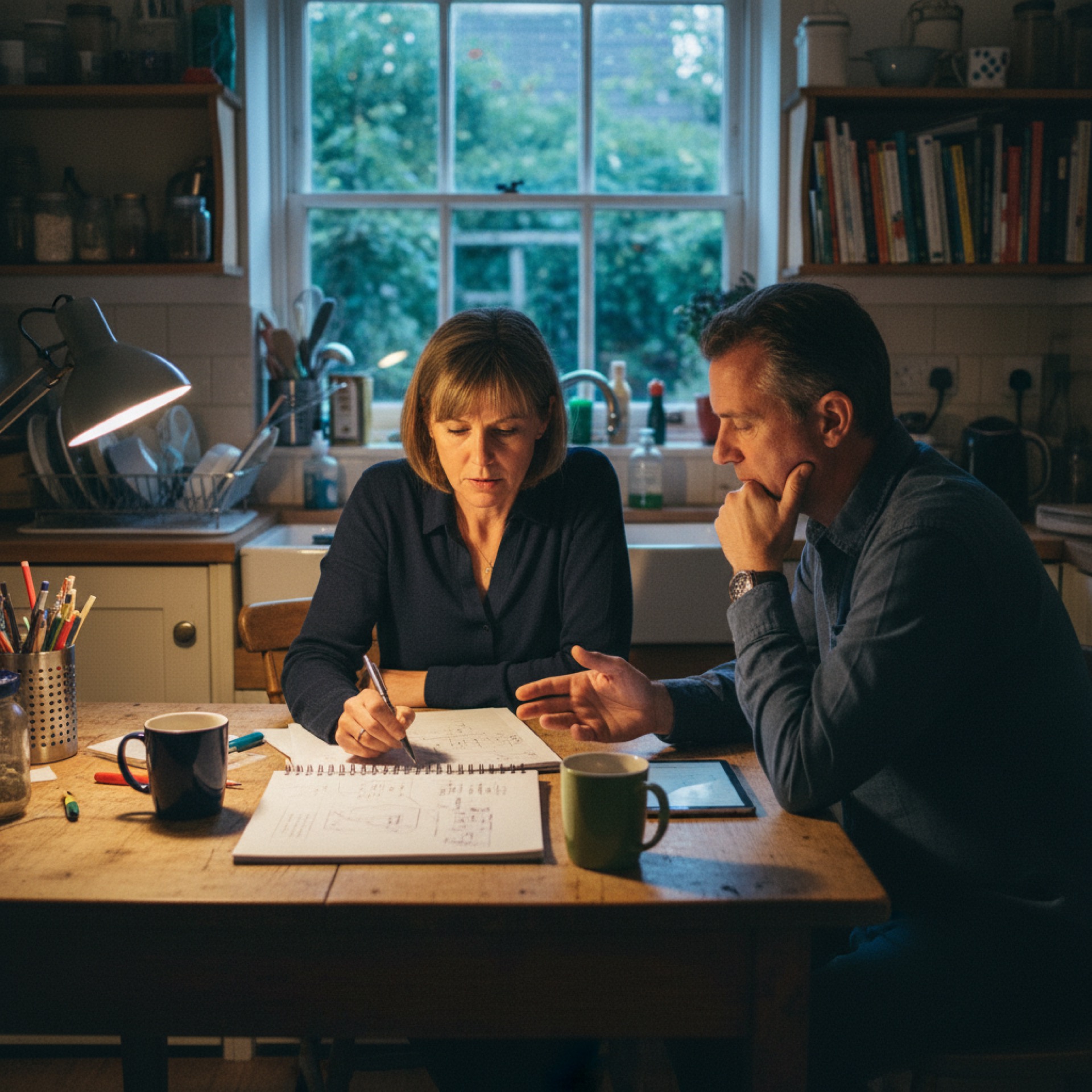 A woman and a man in their late forties at a kitchen table in early-evening light, with a notebook open between them and two mugs, mid-conversation