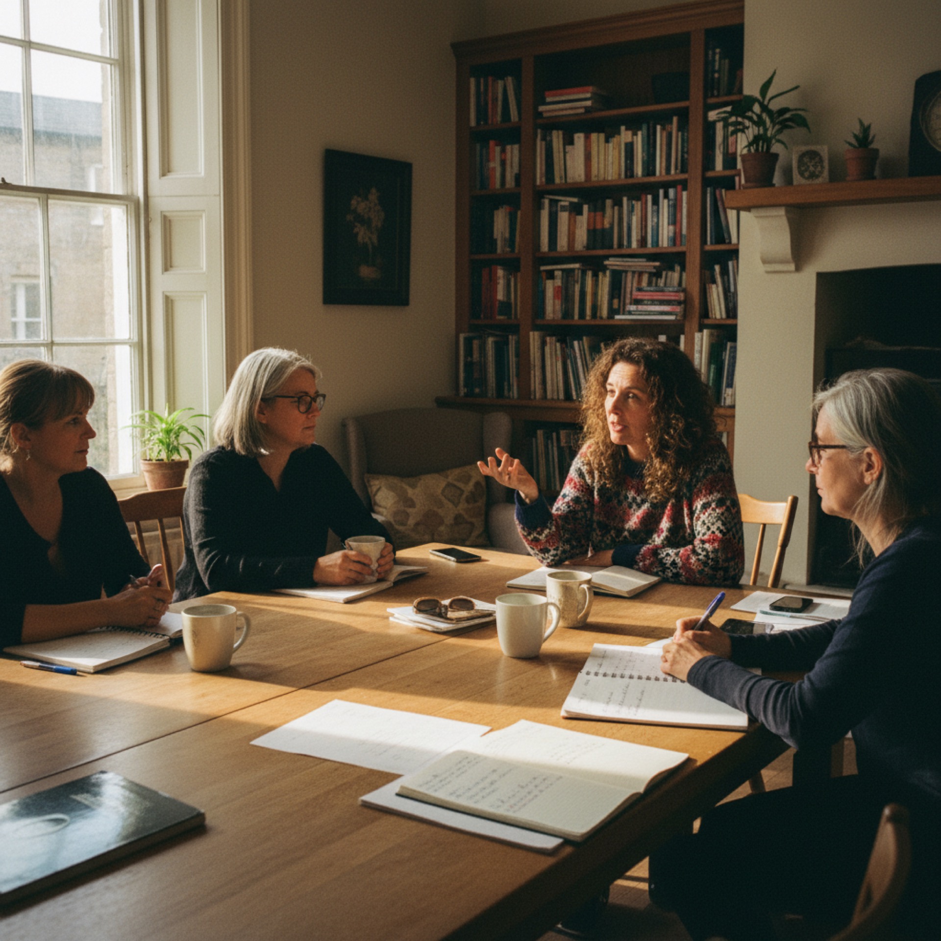 Four women in their mid-40s and beyond around a kitchen table in conversation, mugs and notebooks on the table, one speaking and the others listening attentively