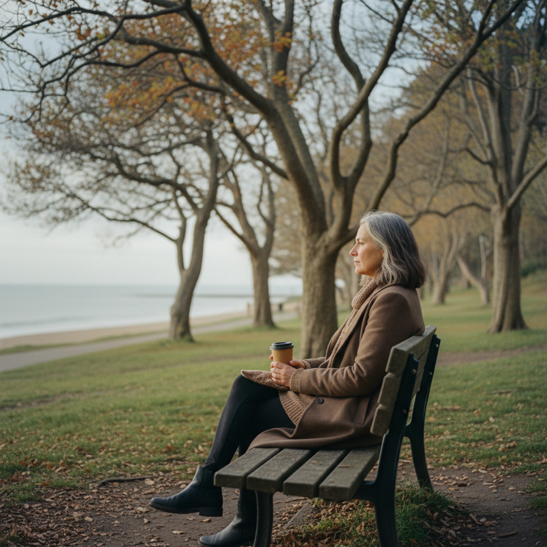 A woman in her late forties on a bench on a coastal path in late-morning light, holding a take-away coffee and looking thoughtfully into the middle distance