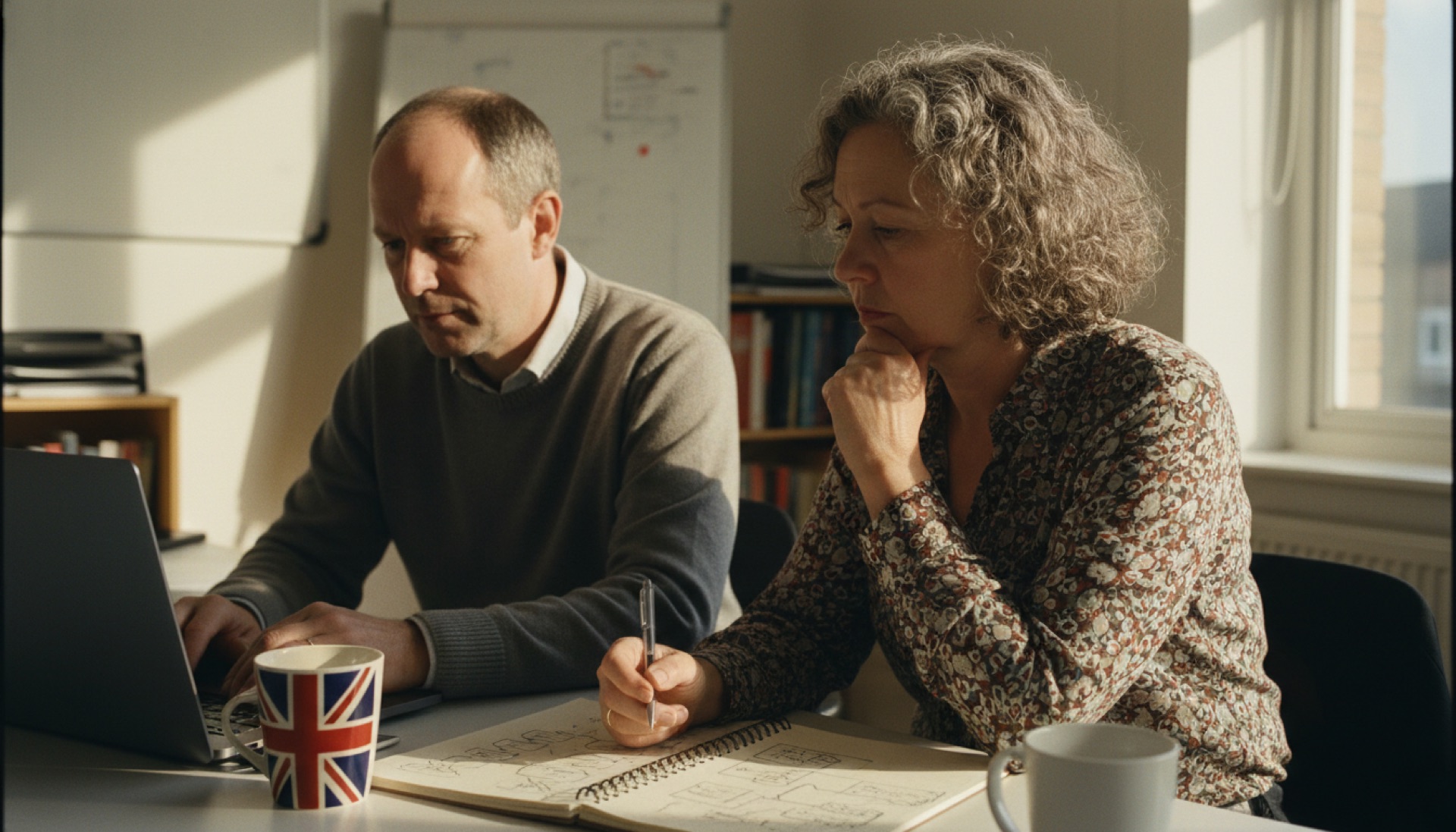 Two people in conversation across a table, one explaining something on a laptop screen