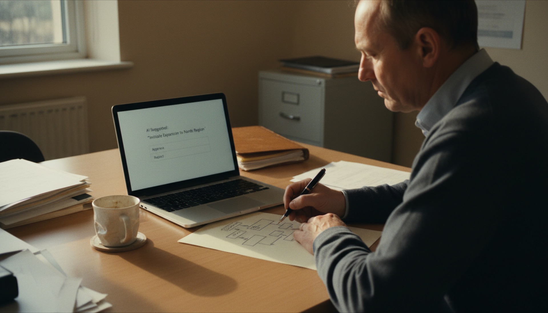 A person at a desk reviewing a recommendation on a laptop with a pen in hand