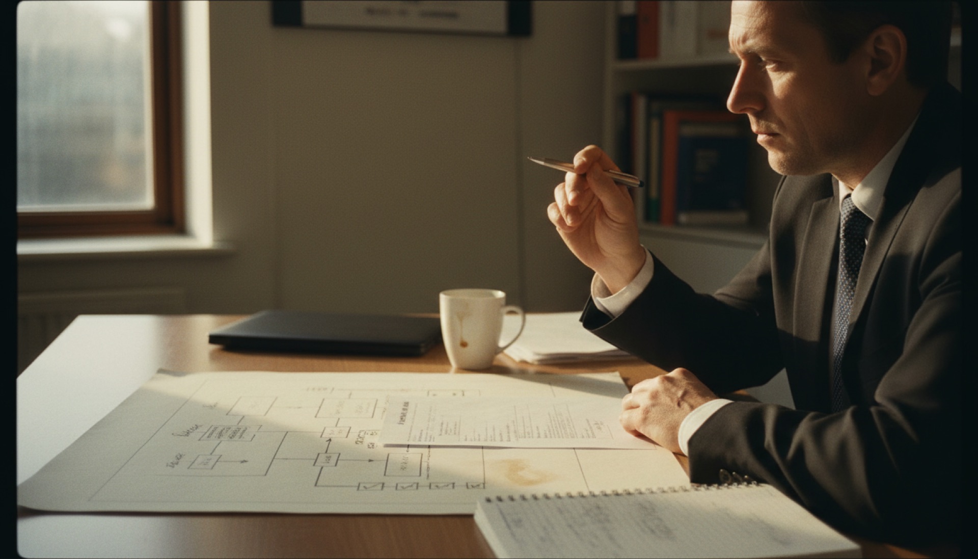 A person at a desk reviewing a printed checklist with a laptop and notebook in front of them