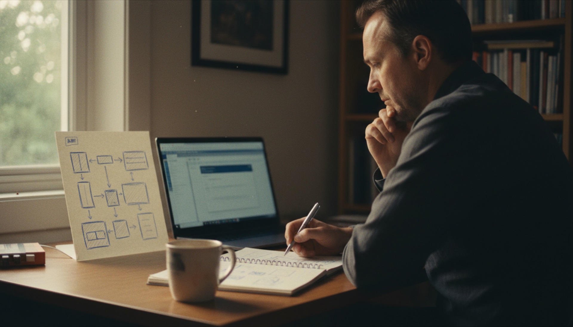 A person at a desk reading a suggestion in the side of an open document on screen