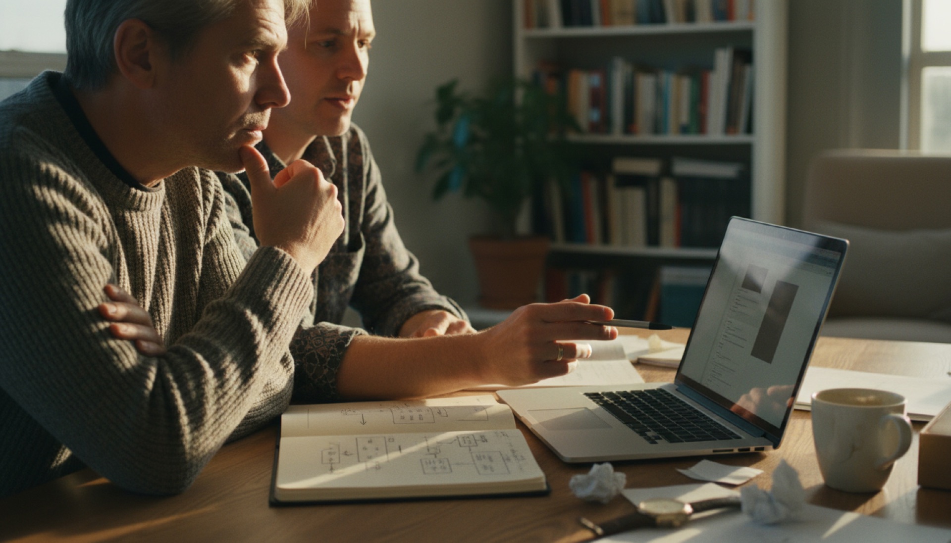 Two people side by side at a screen, one pointing at something the other is checking
