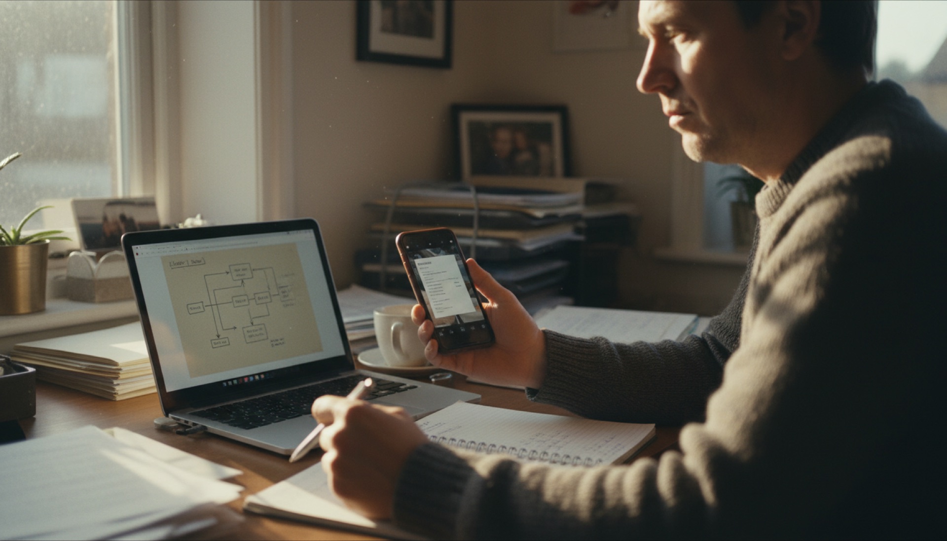 A person holding a phone showing a photo of a paper document, with a laptop open in front of them