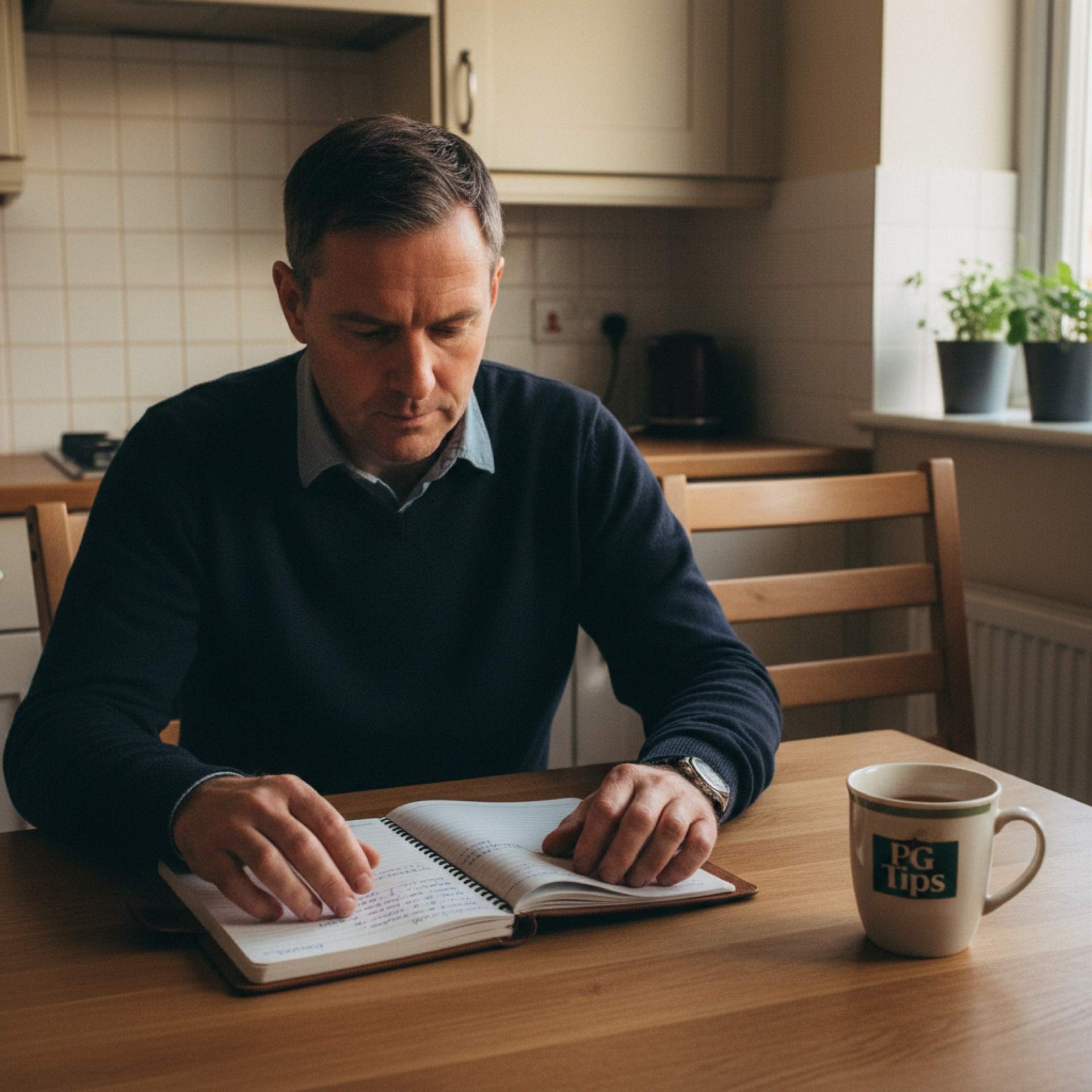 A man in his late forties at a kitchen table on a Sunday evening with a notebook and a half-finished mug of tea, thinking quietly