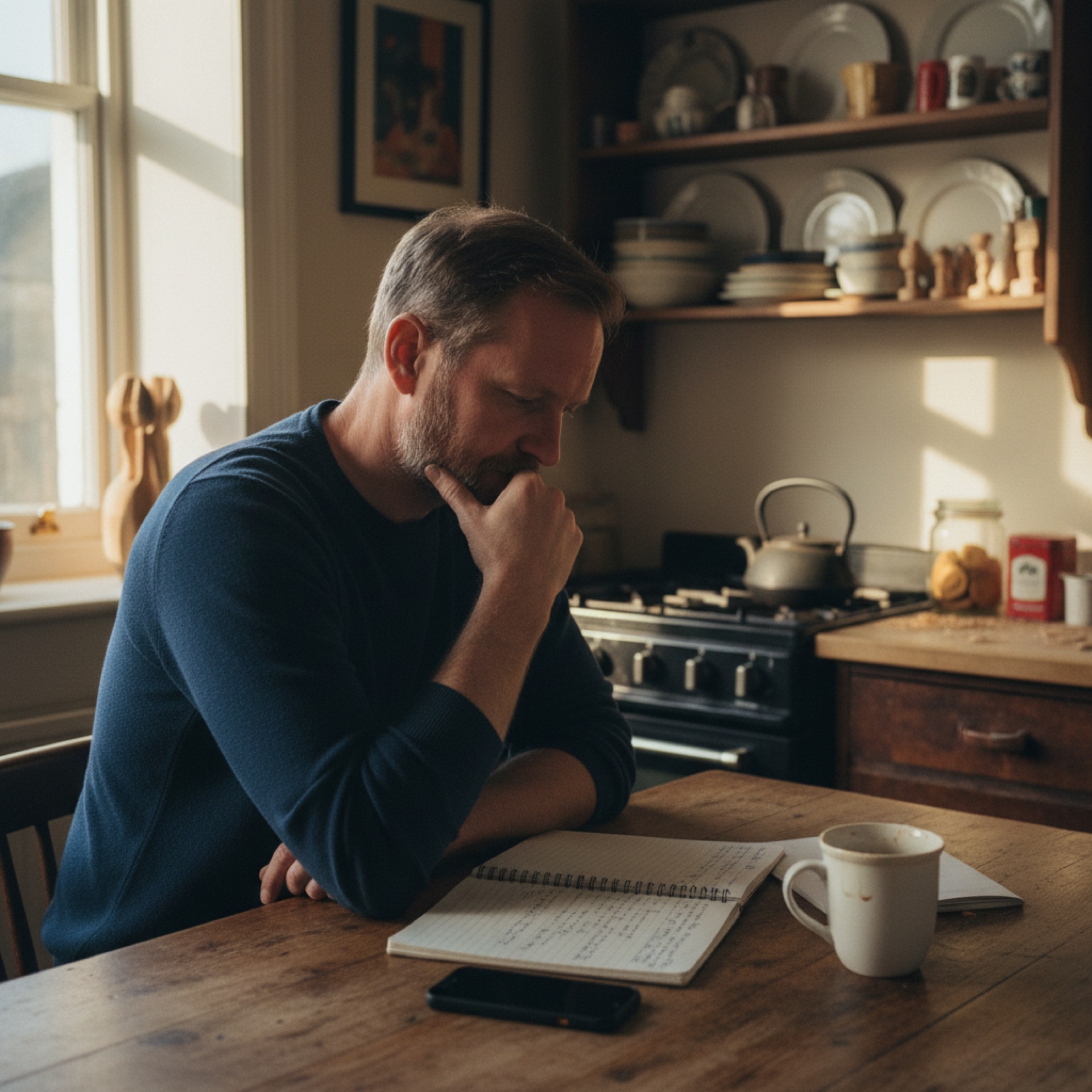 A founder in his mid-forties at a kitchen table on a Sunday afternoon, jumper sleeves pushed up, half-finished mug of tea, phone face-down, open notebook with handwritten notes, late afternoon light