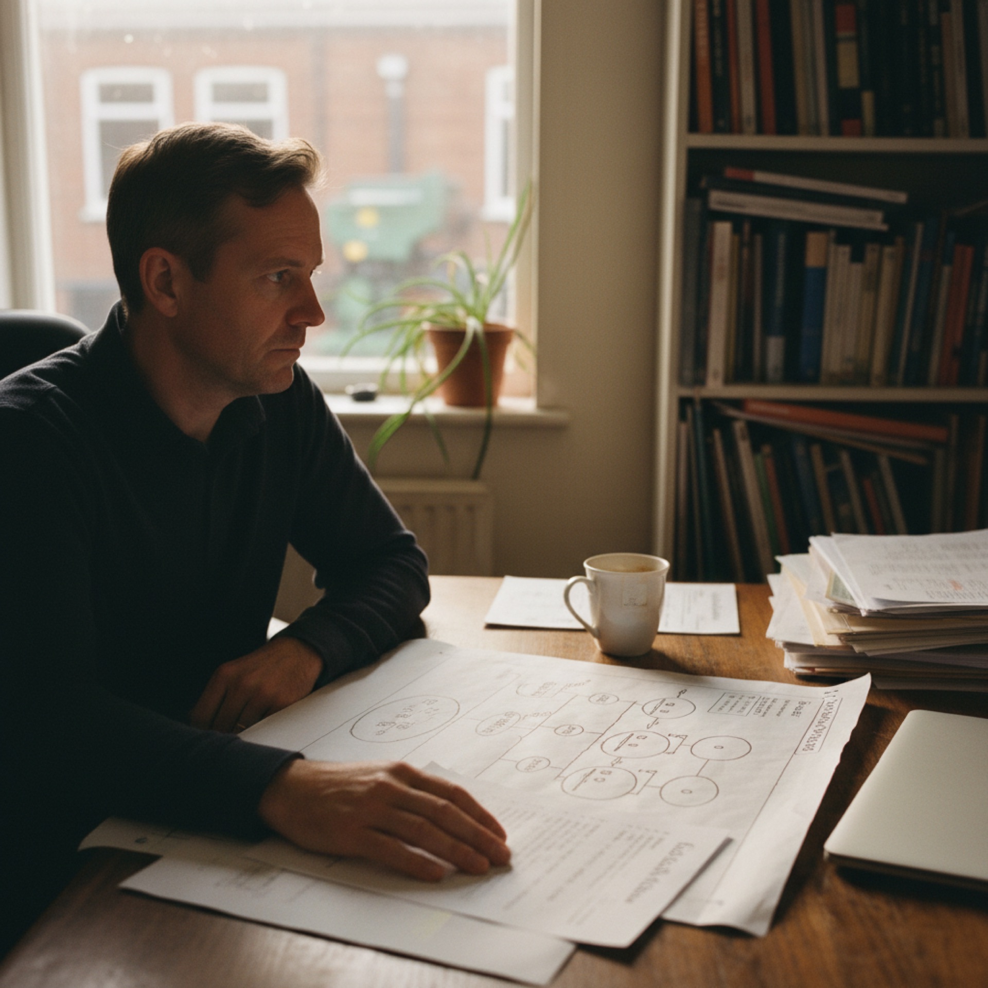 A founder at a desk with printed role descriptions and a hand-sketched org chart spread across the surface in afternoon window light