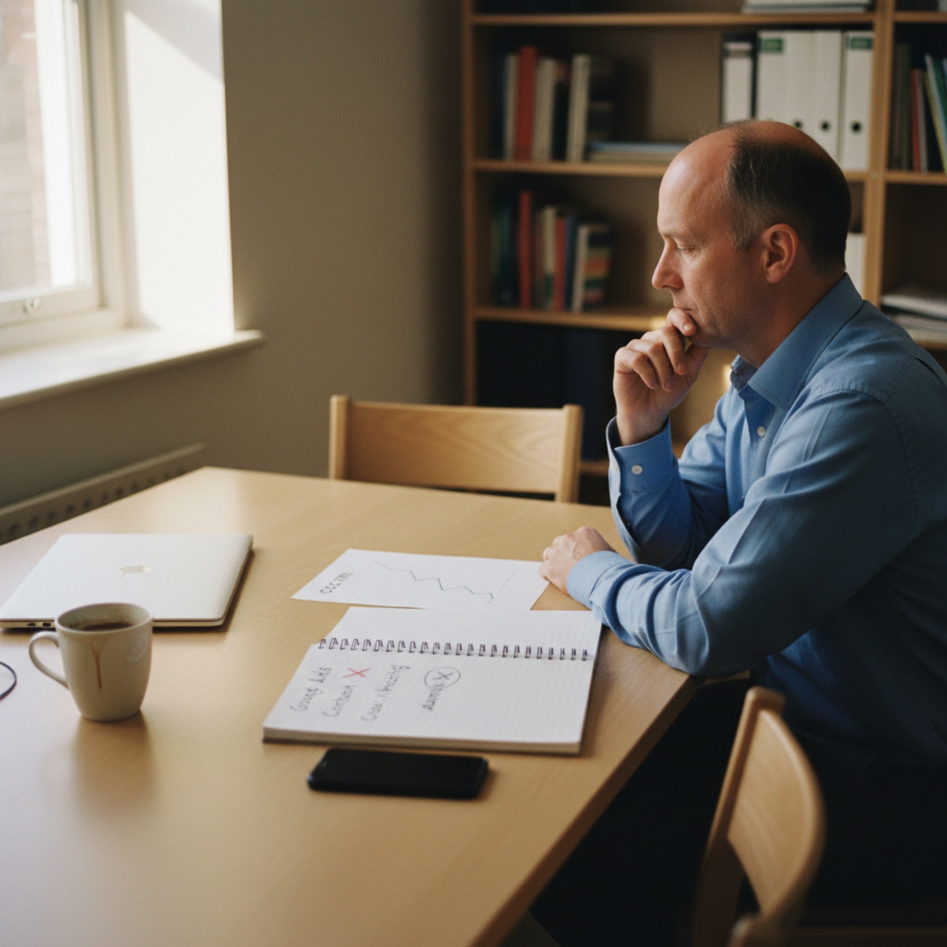 A founder at a desk looking at a printed cost-per-lead chart and a notebook listing acquisition channels with two crossed out and one circled